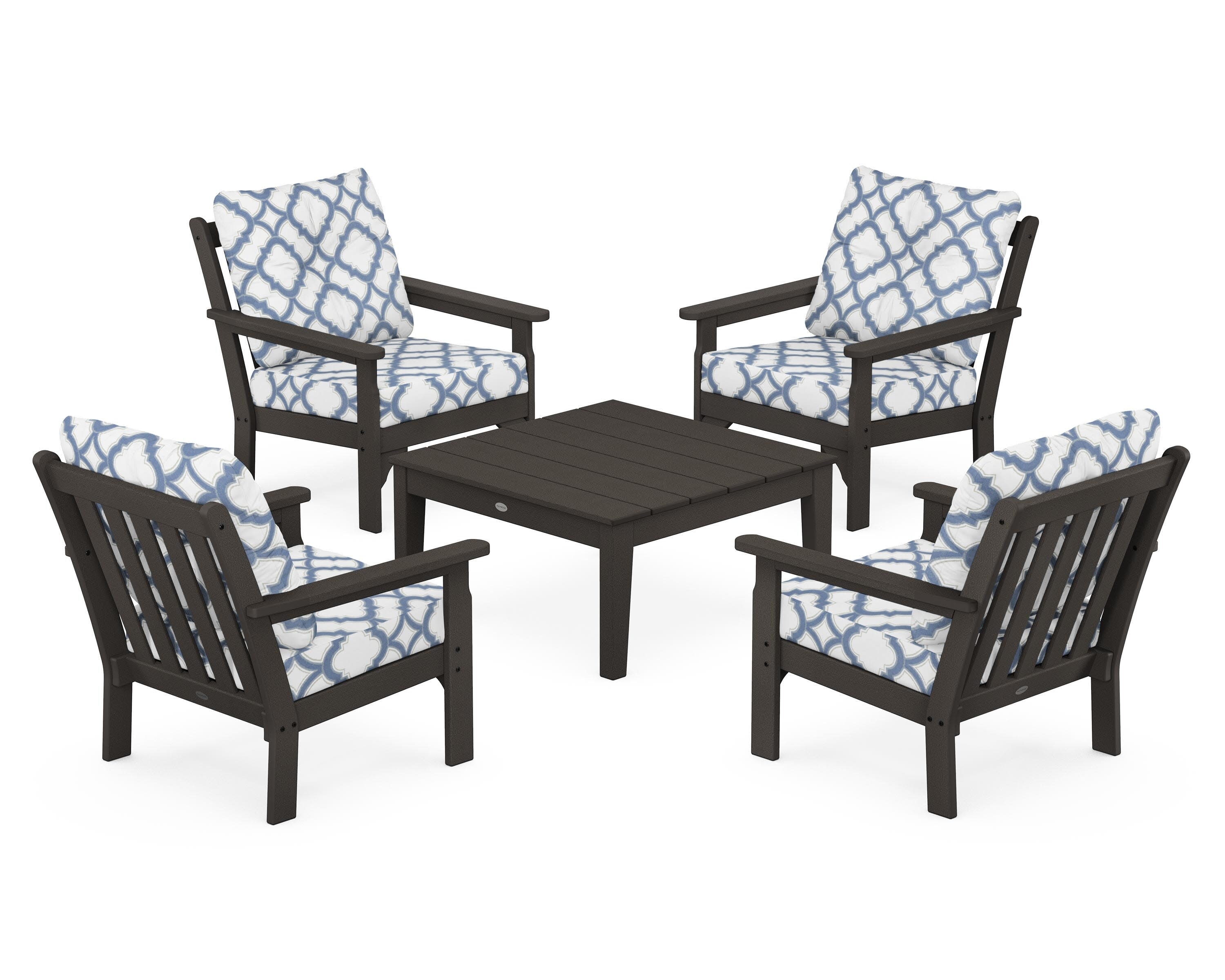 Vineyard 5-Piece Deep Seating Conversation Set in Vintage Coffee / Trellis Sky Blue