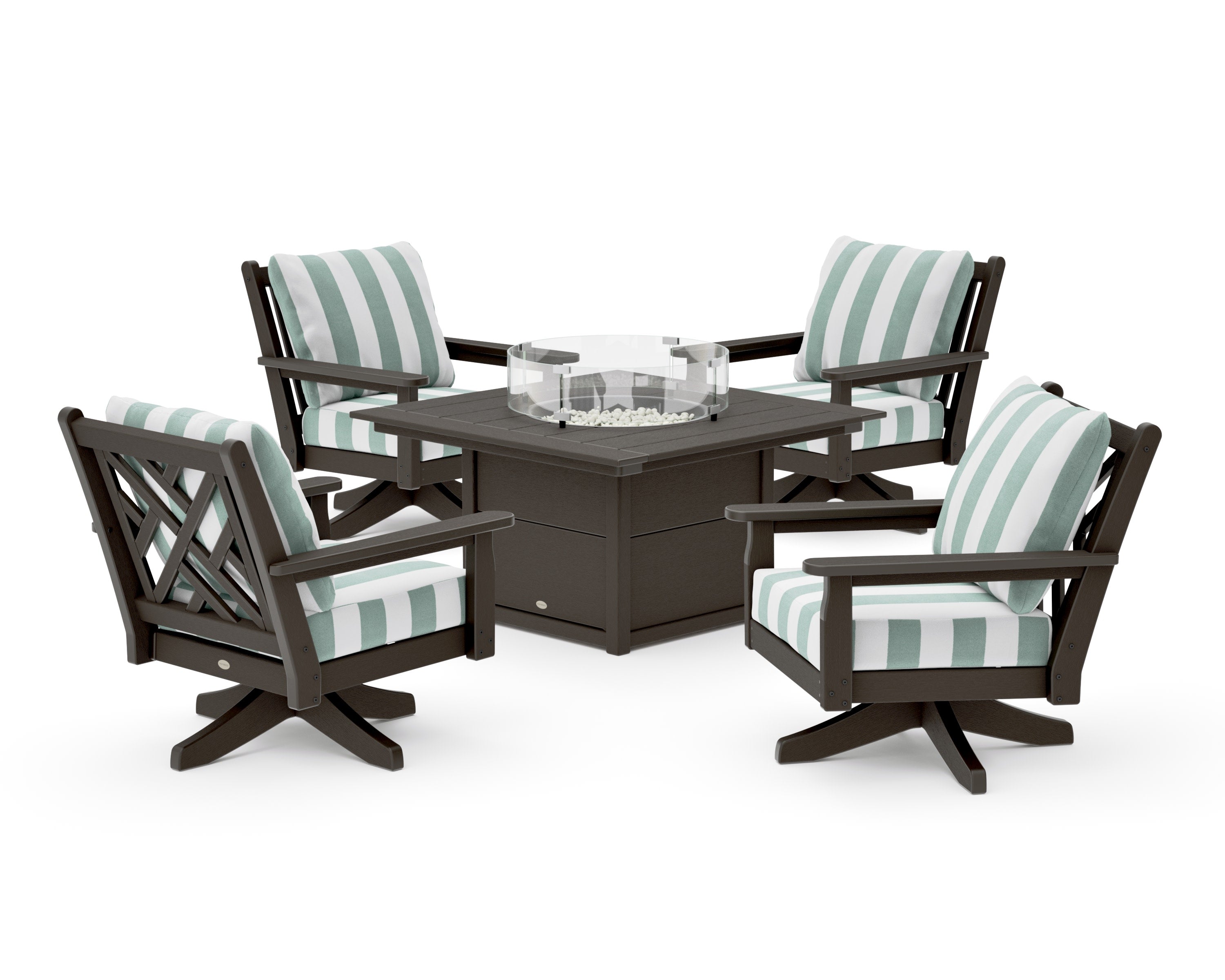 Chippendale 5-Piece Deep Seating Swivel Conversation Set with Fire Pit Table in Vintage Coffee / Cabana Stripe Glacier Spa