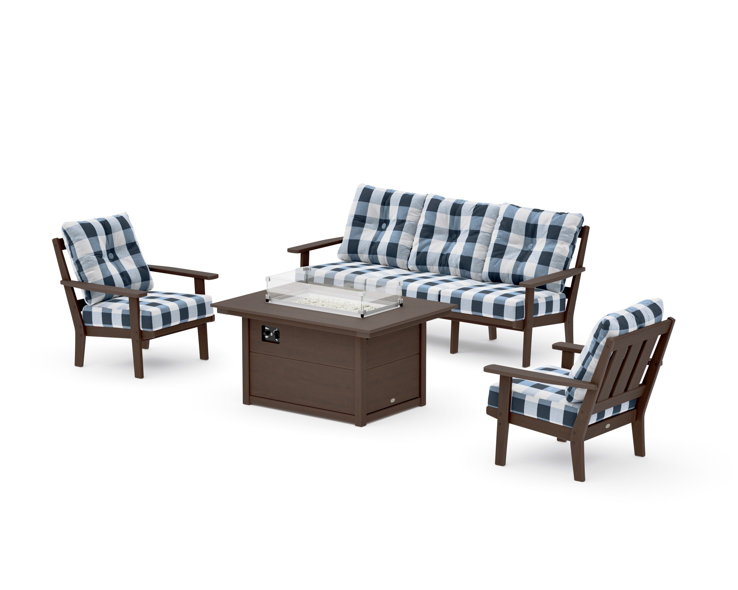 Oxford Deep Seating Fire Pit Table Set in Kona / Buffalo Plaid Marine Indigo