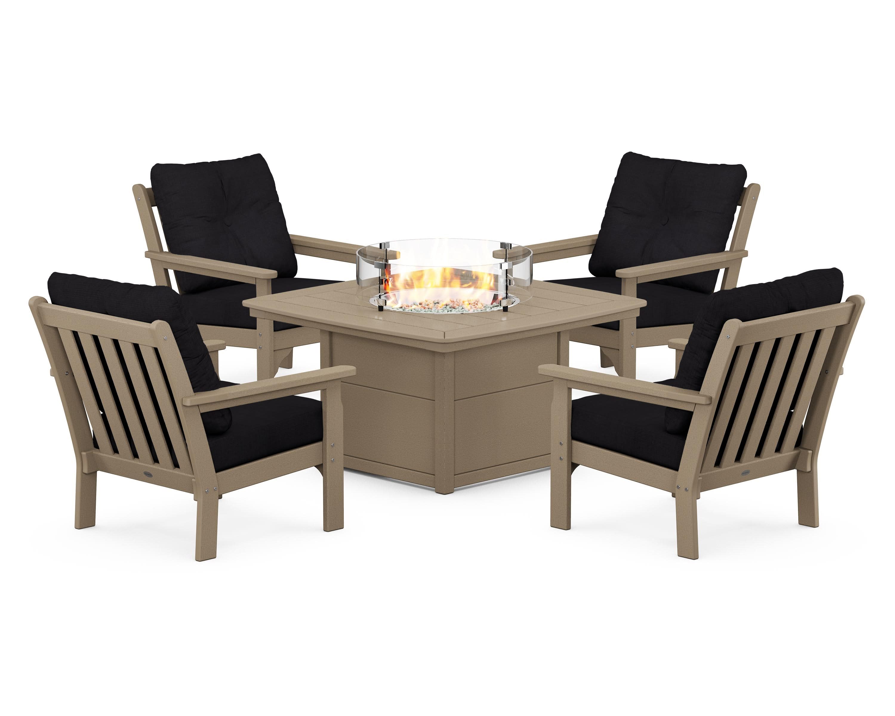 Vineyard 5-Piece Conversation Set with Fire Pit Table in Vintage Sahara / Midnight Linen