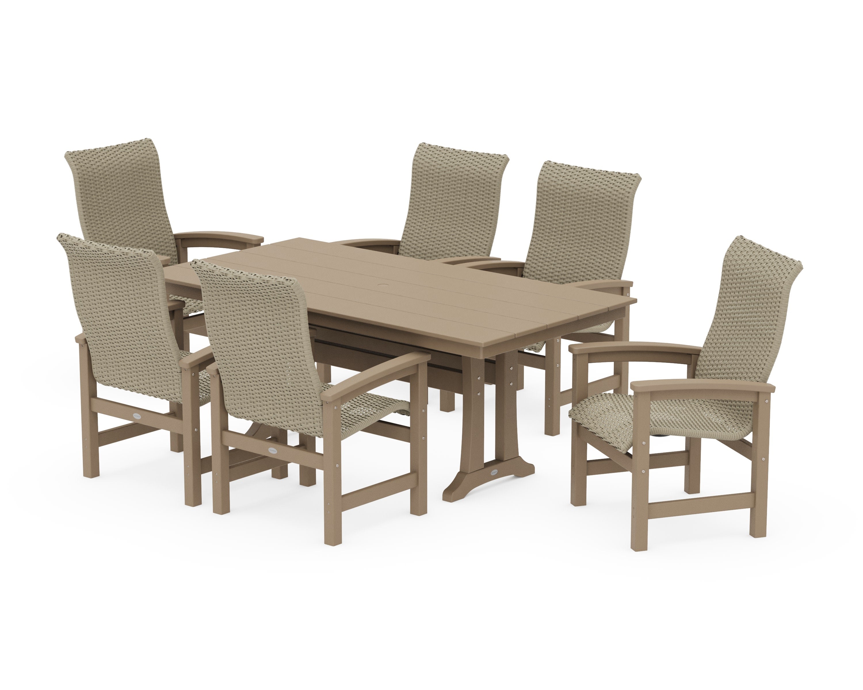 Coastal Woven High-Back Arm Chair 7-Piece Farmhouse Dining Set with Trestle Legs in Vintage Sahara / Dune Grass