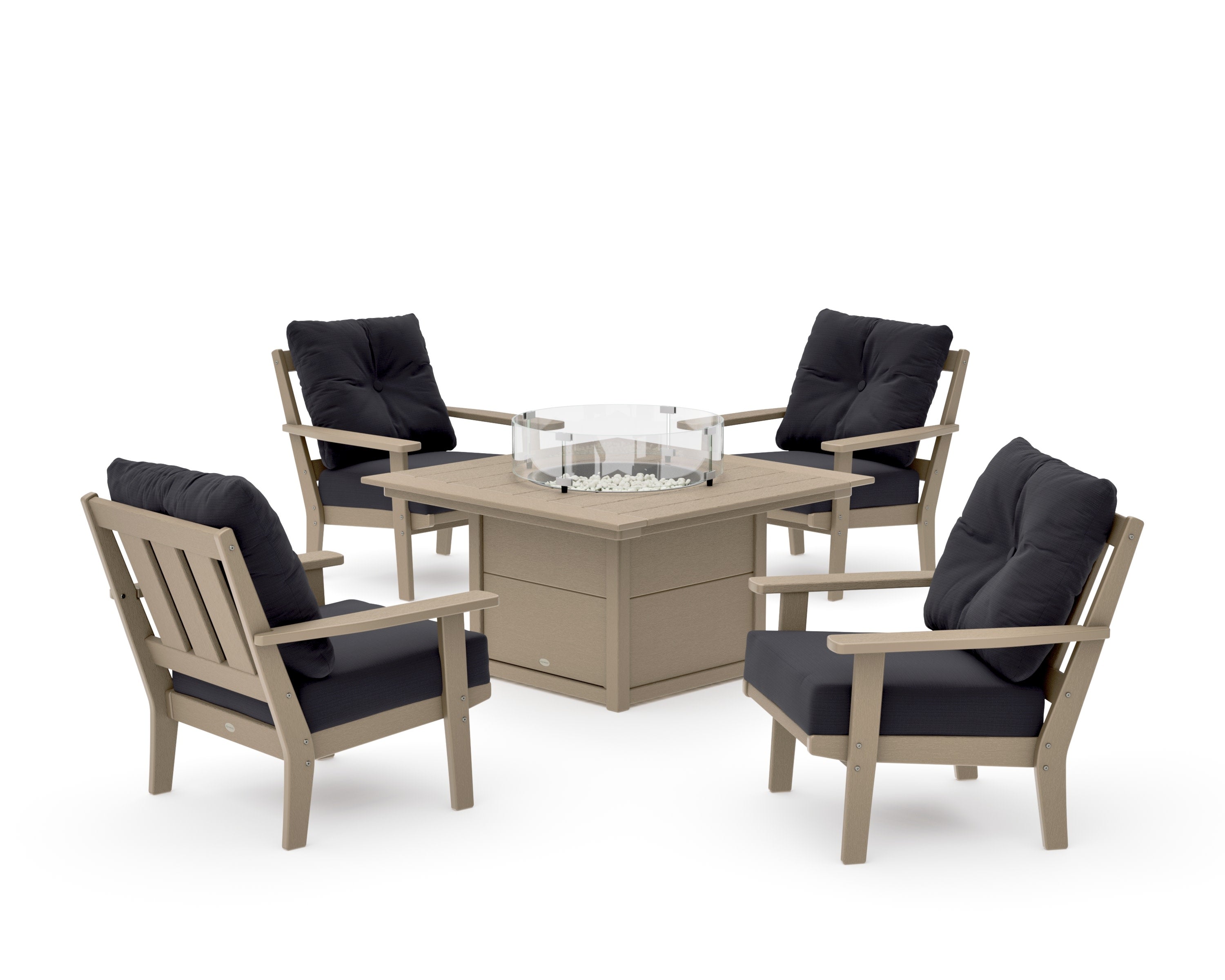 Oxford 5-Piece Deep Seating Set with Fire Pit Table in Vintage Sahara / Midnight Linen