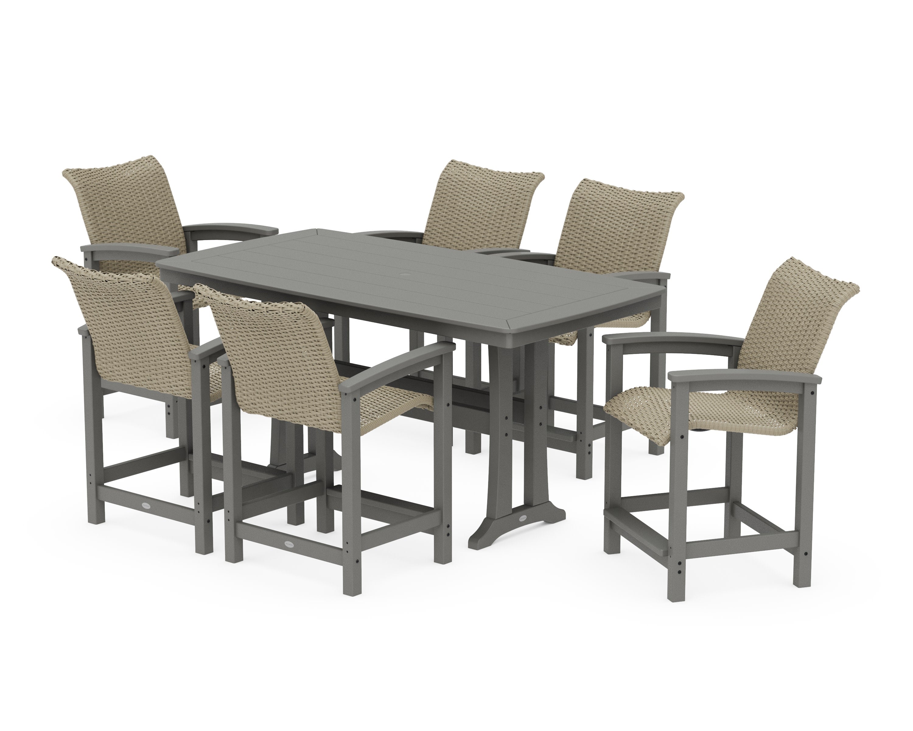 Coastal Woven Arm Chair 7-Piece Counter Set with Trestle Legs in Slate Grey / Dune Grass