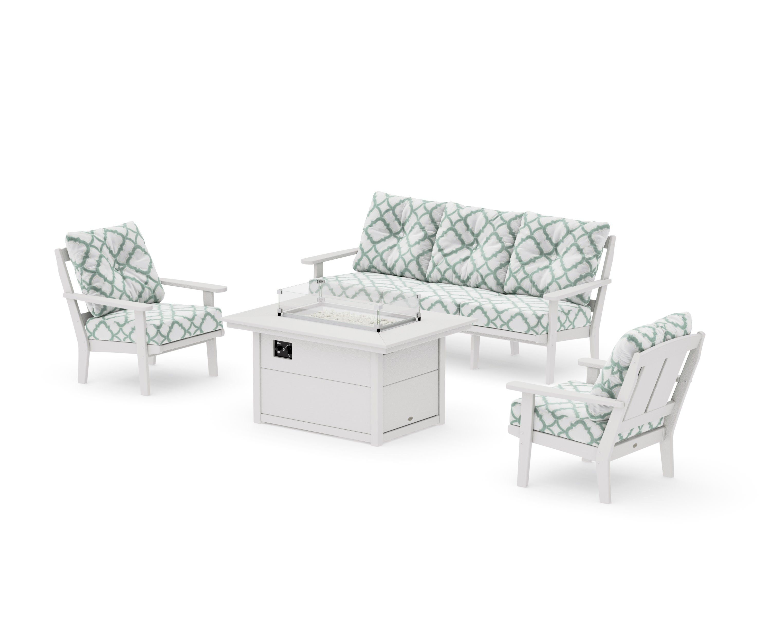 Mission Deep Seating Fire Pit Table Set in Vintage White / Trellis Glacier Spa