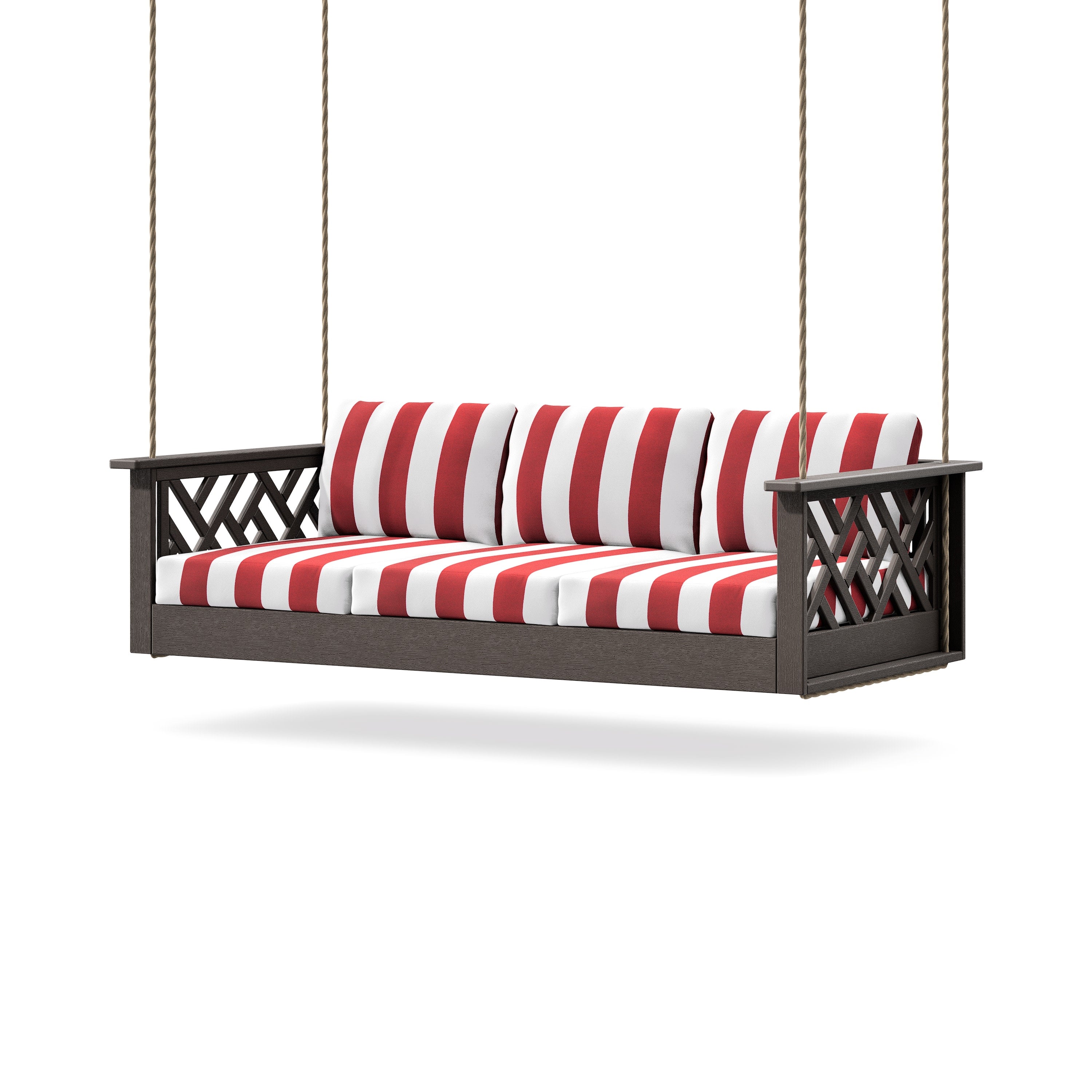 Chippendale Daybed Swing in Vintage Coffee / Cabana Stripe Crimson