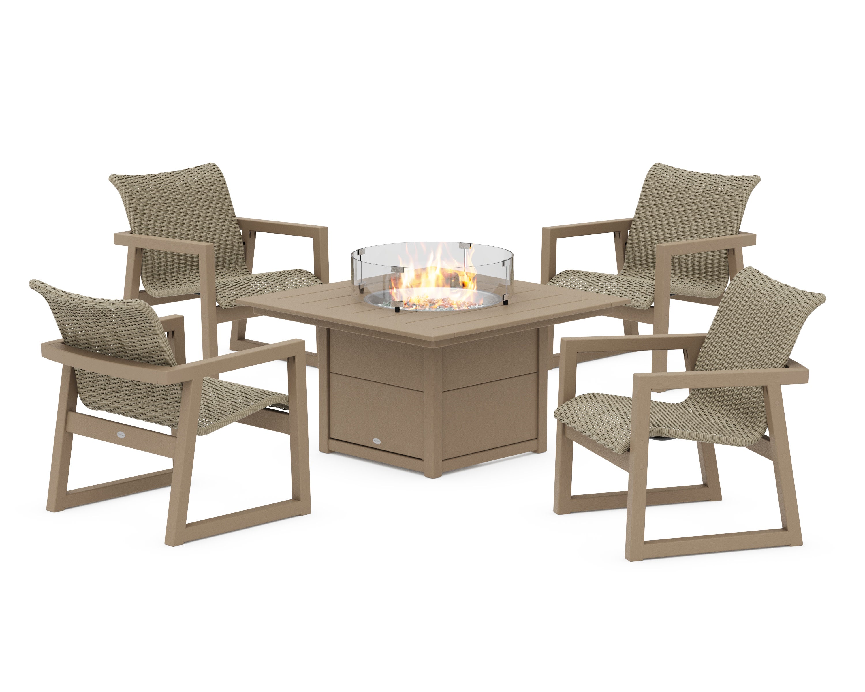 EDGE Woven 5-Piece Lounge Chair Seating Set with Fire Pit Table in Vintage Sahara / Dune Grass