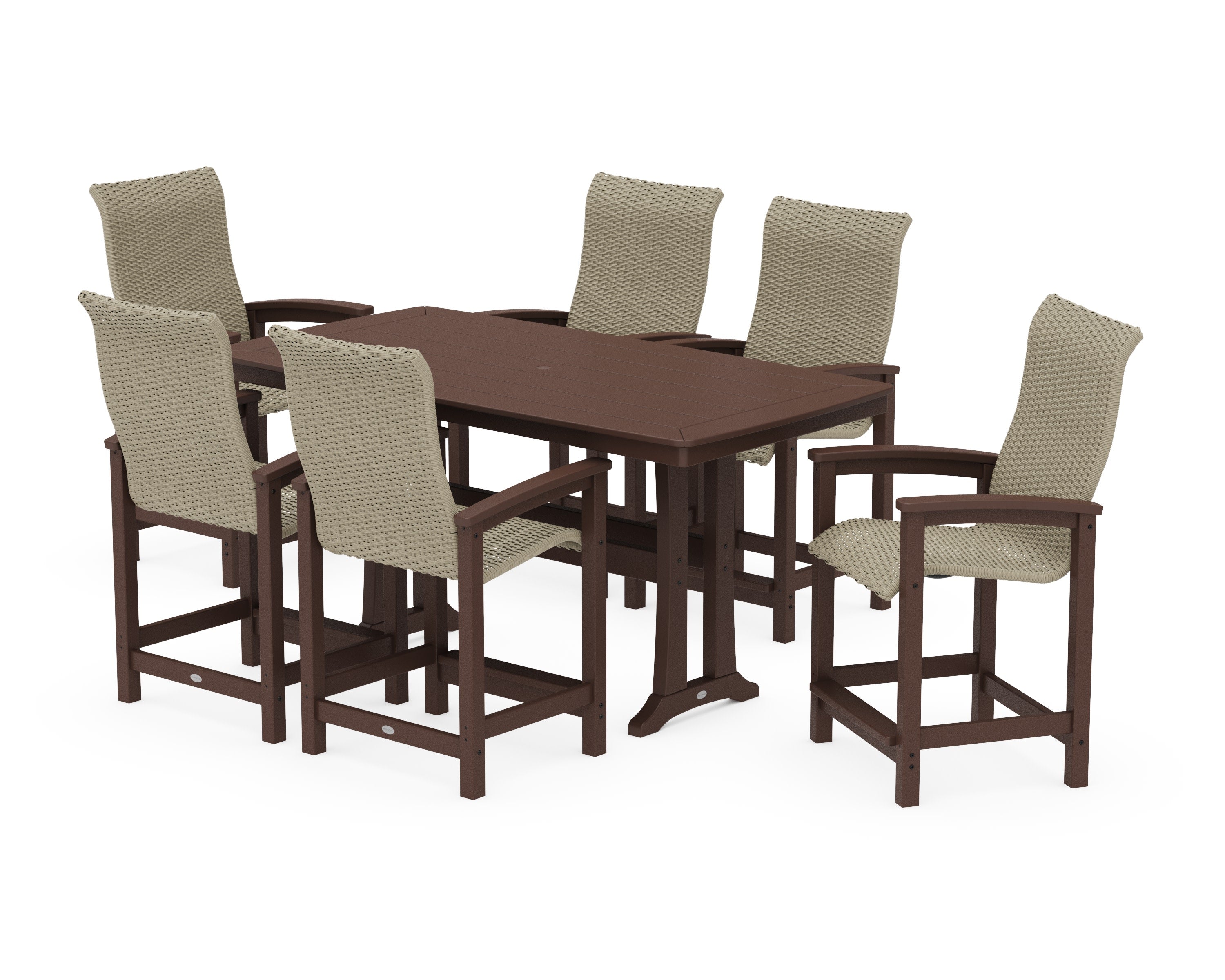 Coastal Woven High-Back Arm Chair 7-Piece Counter Set with Trestle Legs in Mahogany / Dune Grass