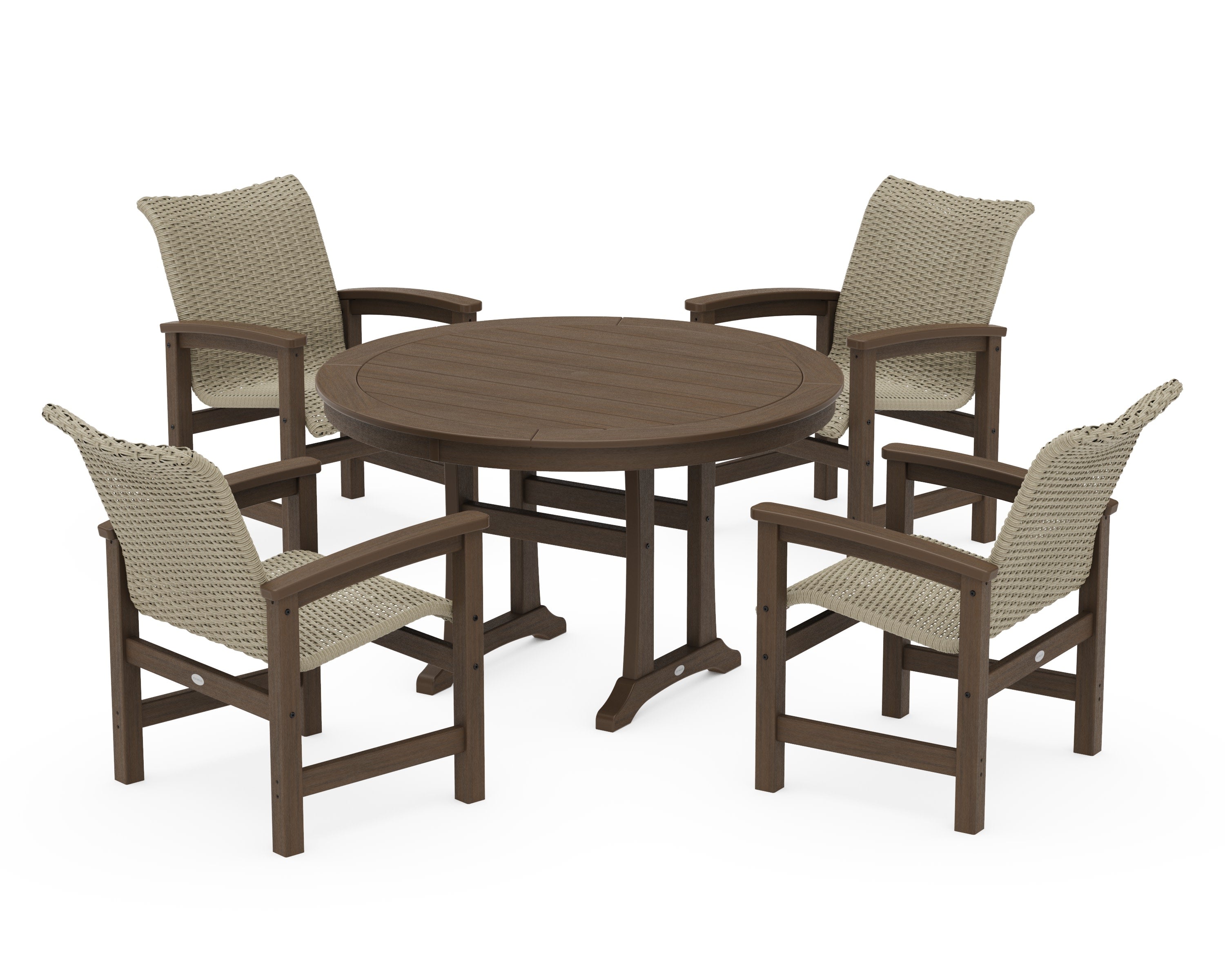 Coastal Woven 5-Piece Round Dining Set with Trestle Legs in Kona / Dune Grass