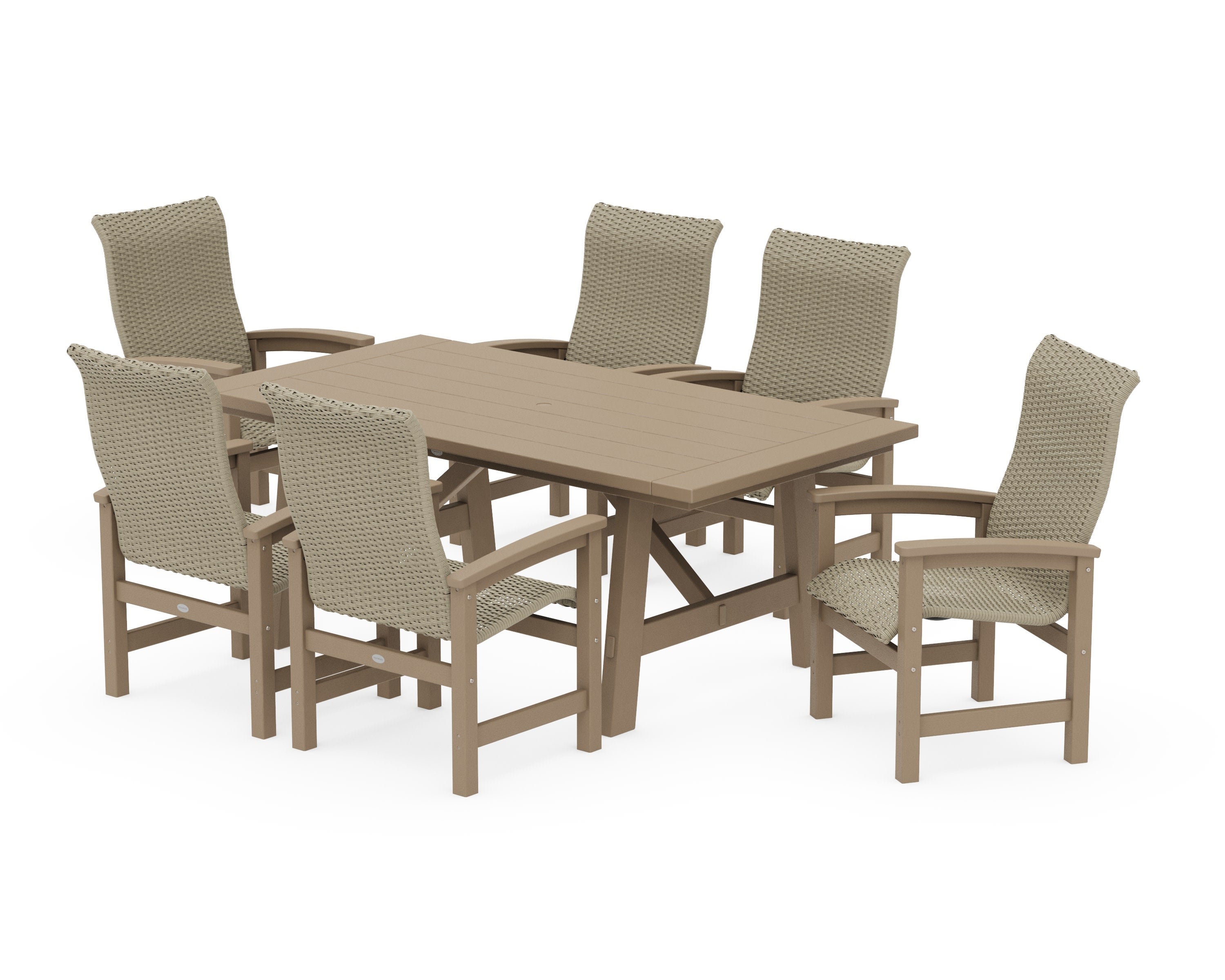 Coastal Woven High-Back Arm Chair 7-Piece Rustic Farmhouse Dining Set in Vintage Sahara / Dune Grass