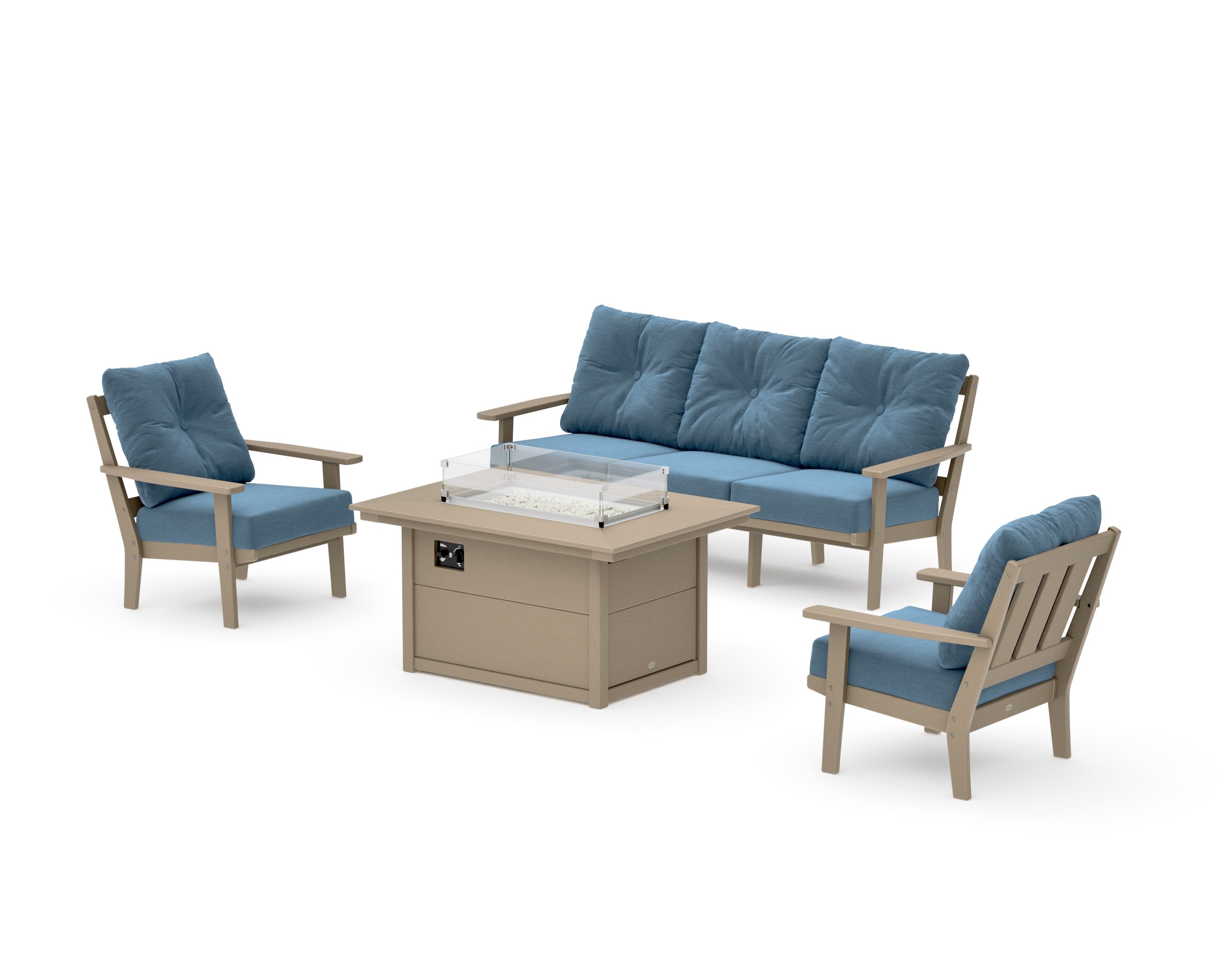 Oxford Deep Seating Fire Pit Table Set in Vintage Sahara / Sky Blue