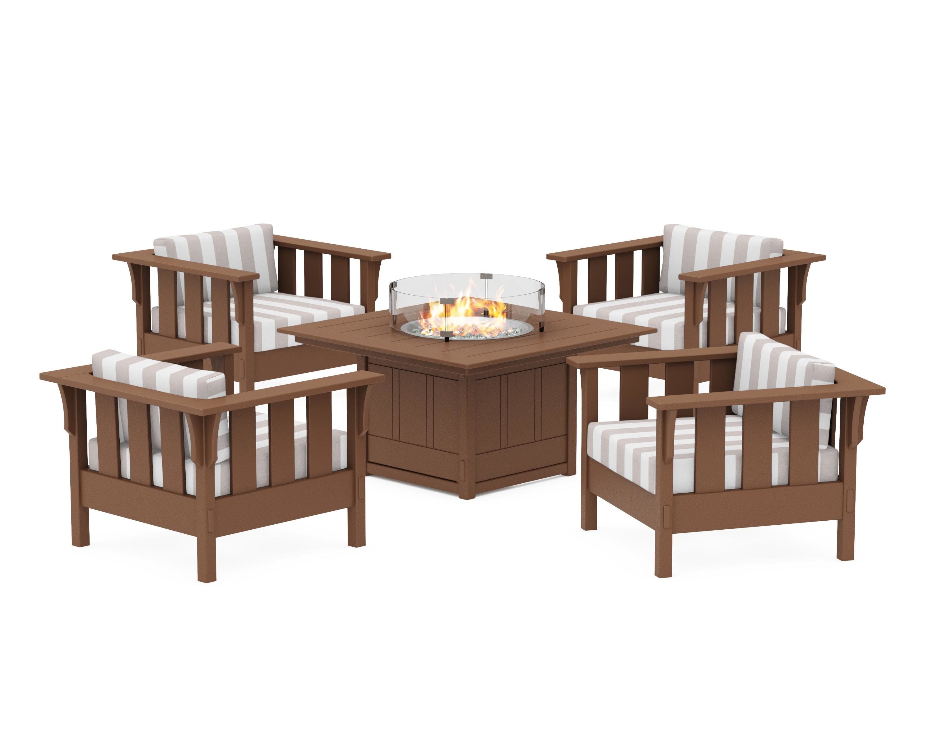 Acadia 5-Piece Deep Seating Set with Fire Pit Table in Teak / Cabana Stripe Dune Burlap