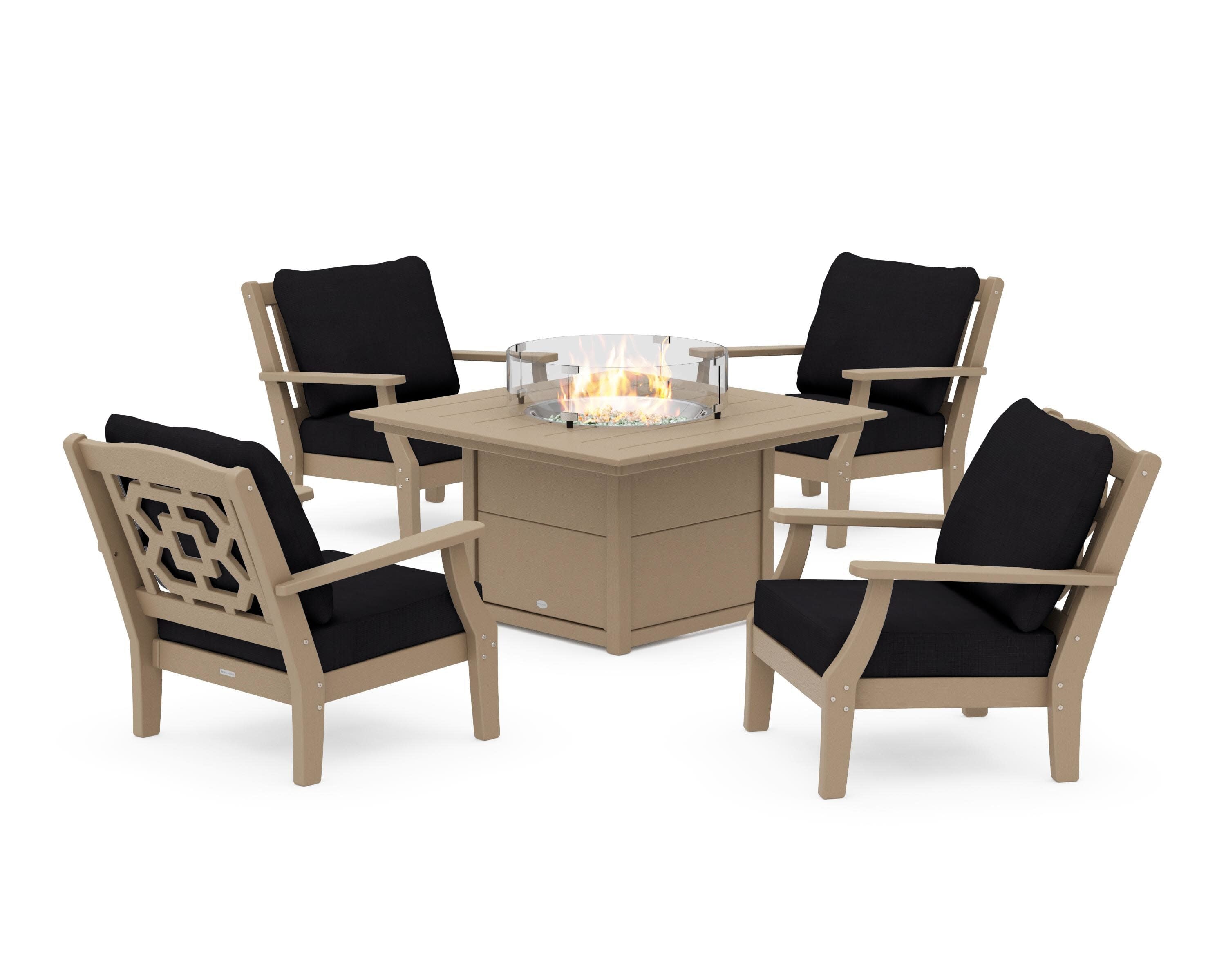 Chinoiserie 5-Piece Deep Seating Set with Fire Pit Table in Vintage Sahara / Midnight Linen