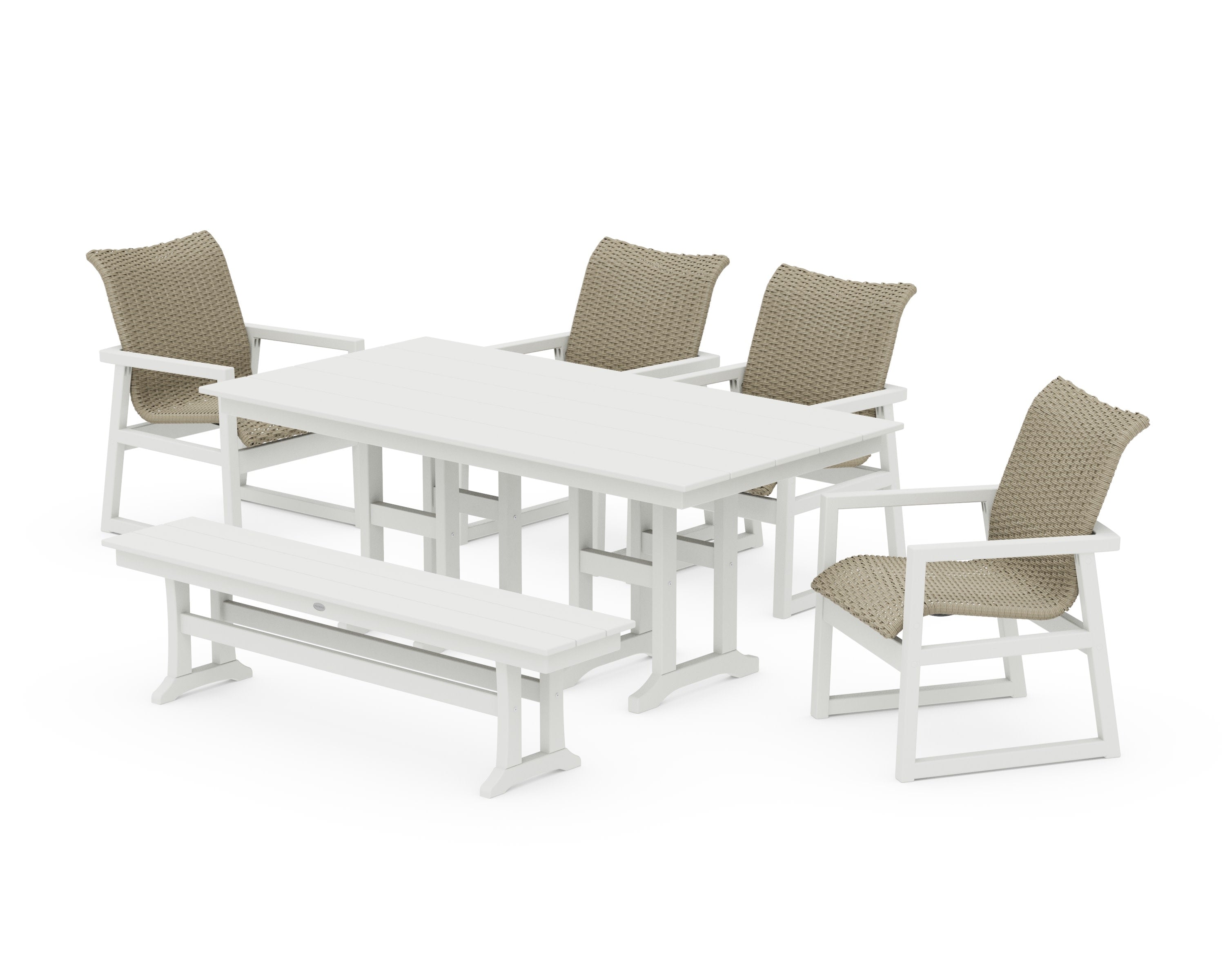 EDGE Woven 6-Piece Farmhouse Dining Set with Bench in Vintage White / Dune Grass