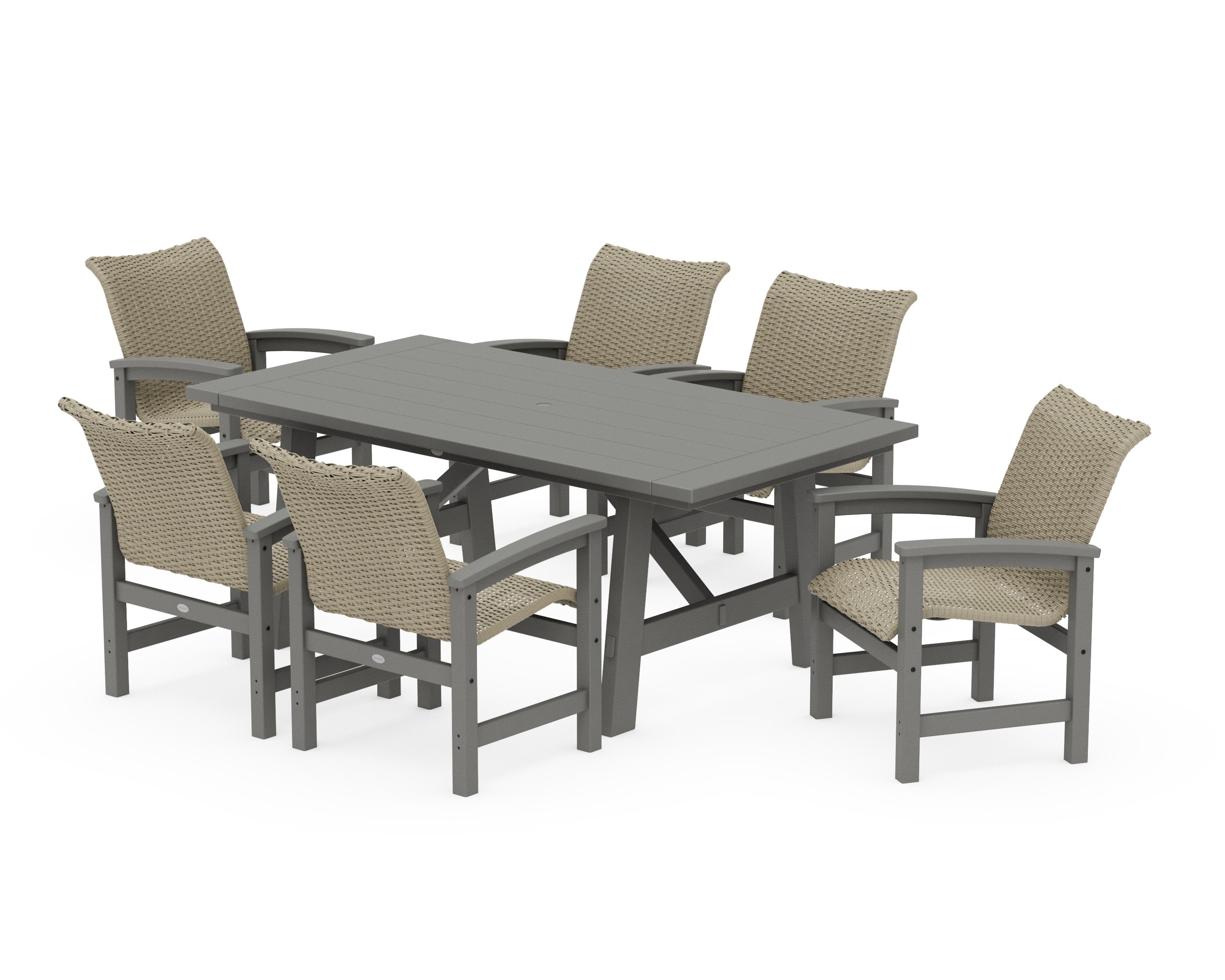 Coastal Woven Arm Chair 7-Piece Rustic Farmhouse Dining Set in Slate Grey / Dune Grass