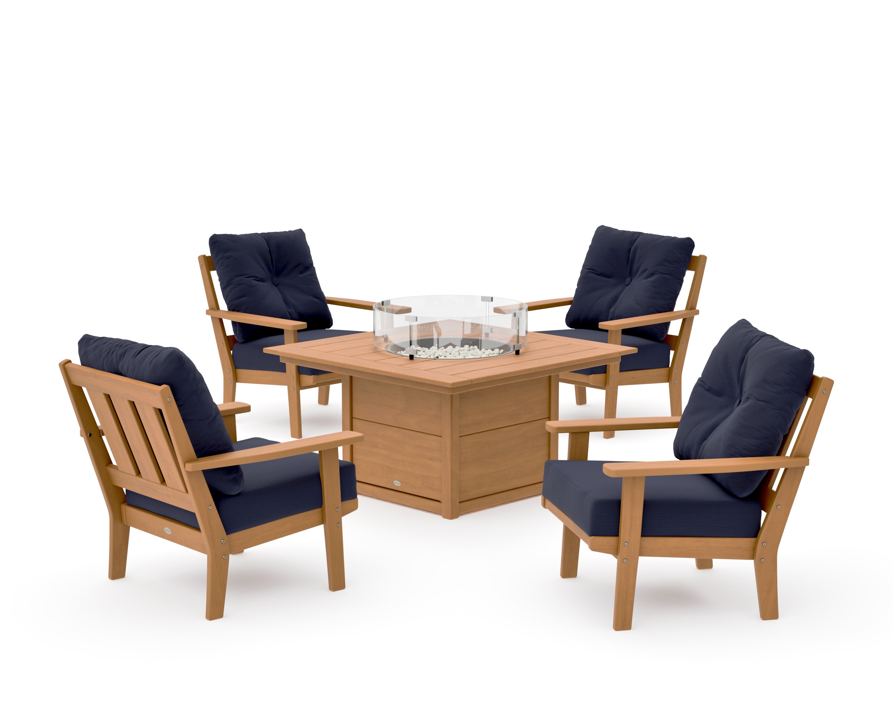 Oxford 5-Piece Deep Seating Set with Fire Pit Table in Natural / Navy Linen