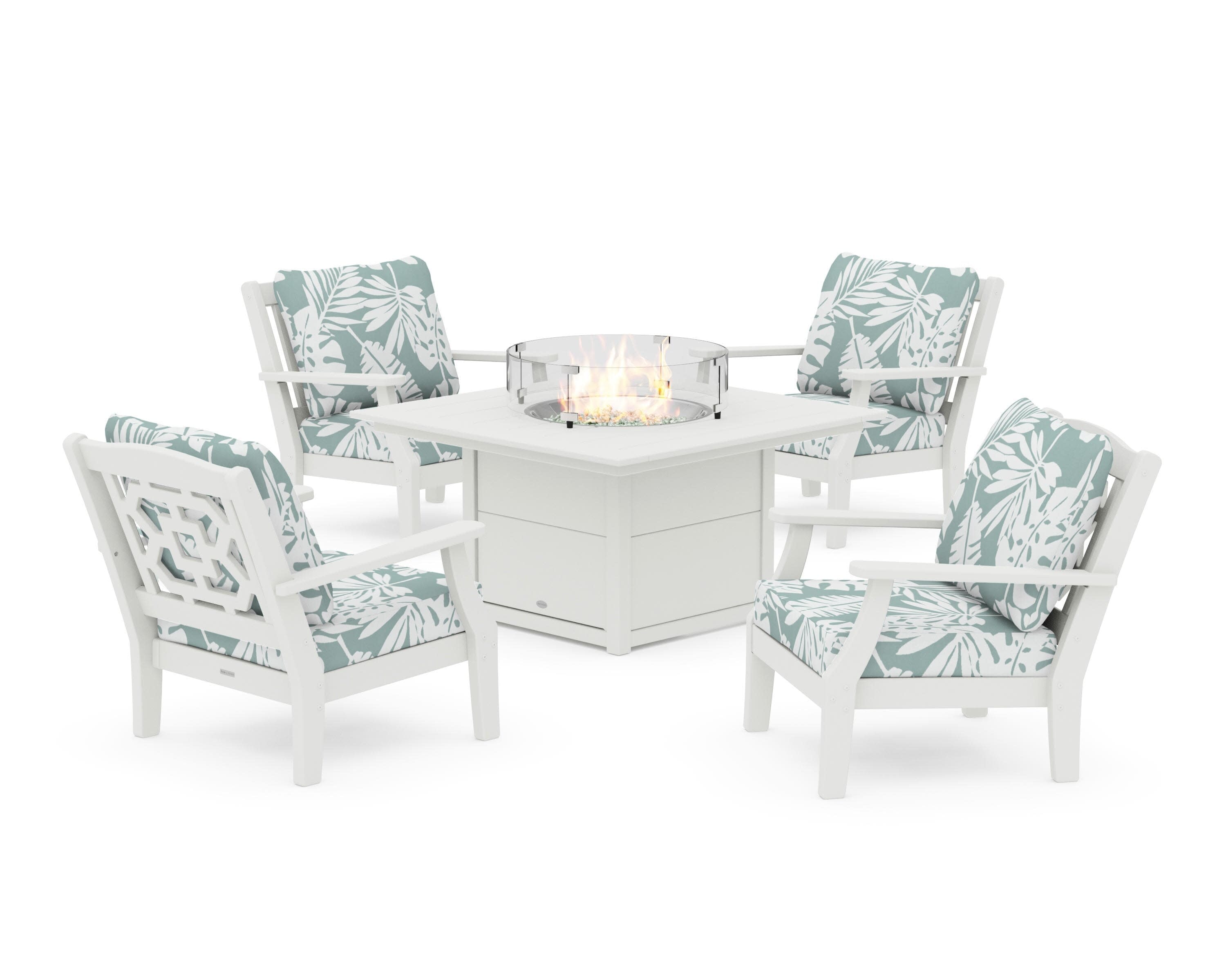 Chinoiserie 5-Piece Deep Seating Set with Fire Pit Table in Vintage White / Leaf Glacier Spa