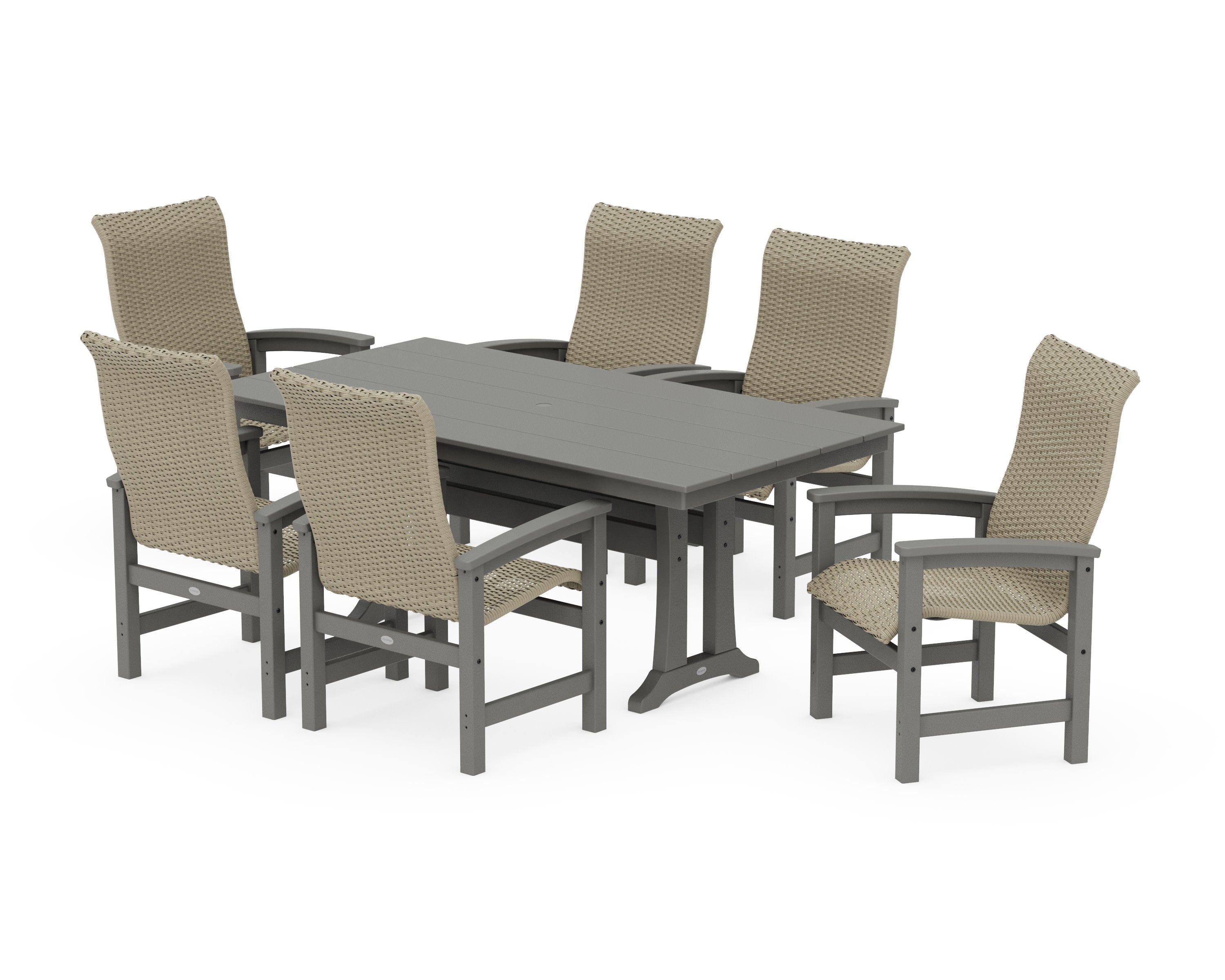 Coastal Woven High-Back Arm Chair 7-Piece Farmhouse Dining Set with Trestle Legs in Slate Grey / Dune Grass