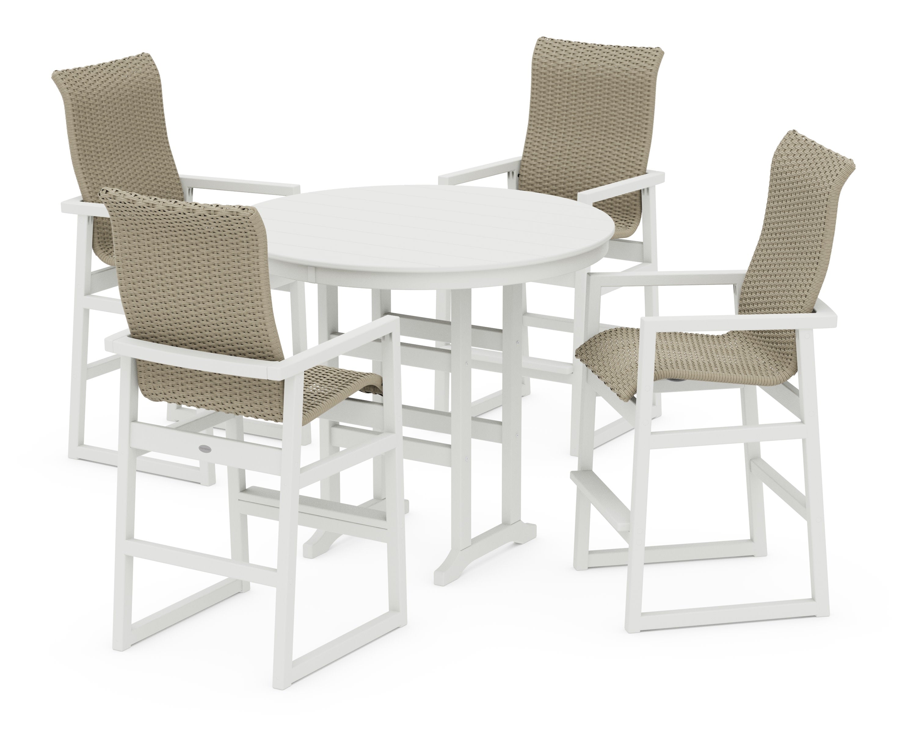 EDGE Woven Highback 5-Piece Round Farmhouse Bar Set in Vintage White / Dune Grass
