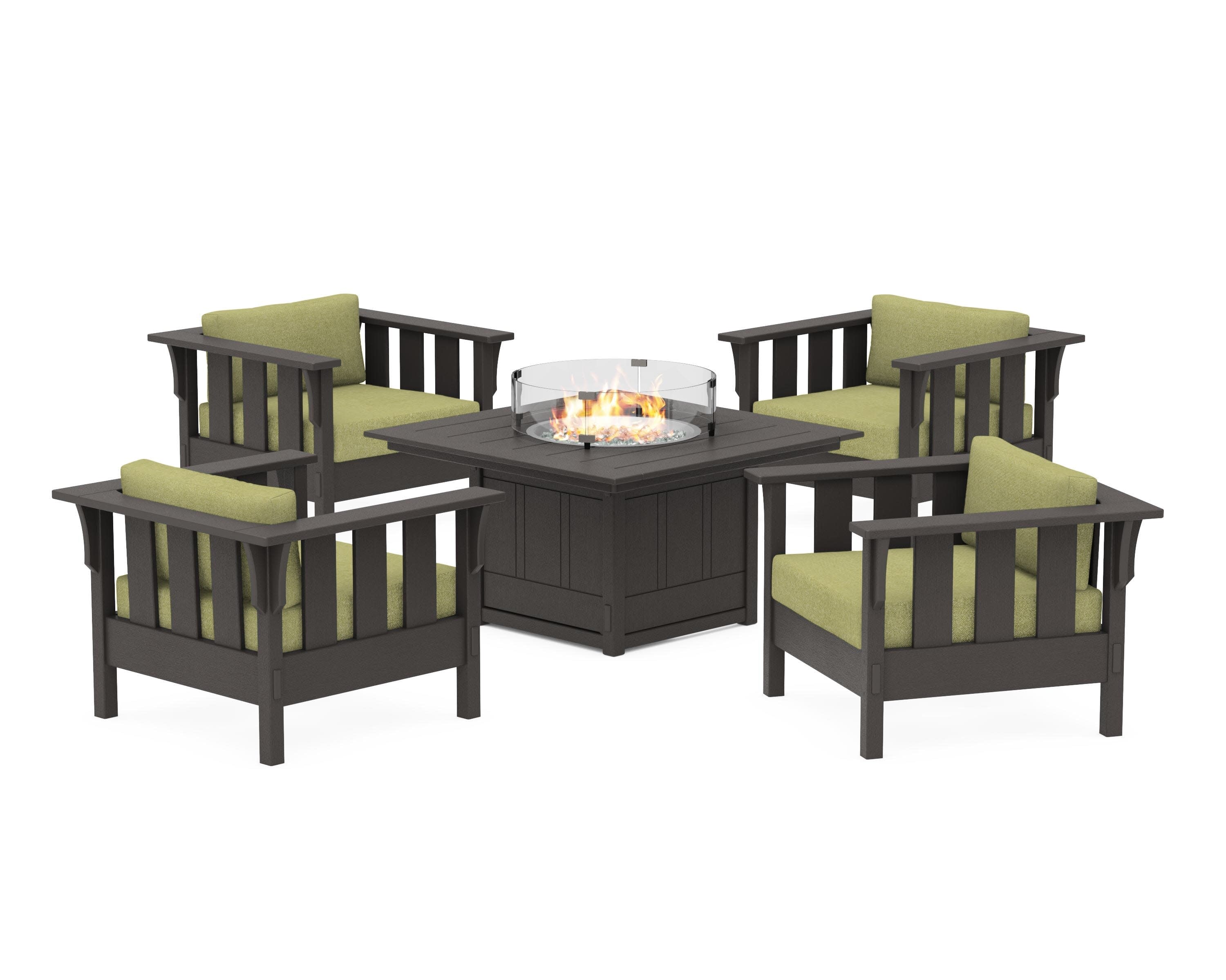 Acadia 5-Piece Deep Seating Set with Fire Pit Table in Vintage Coffee / Chartreuse Boucle