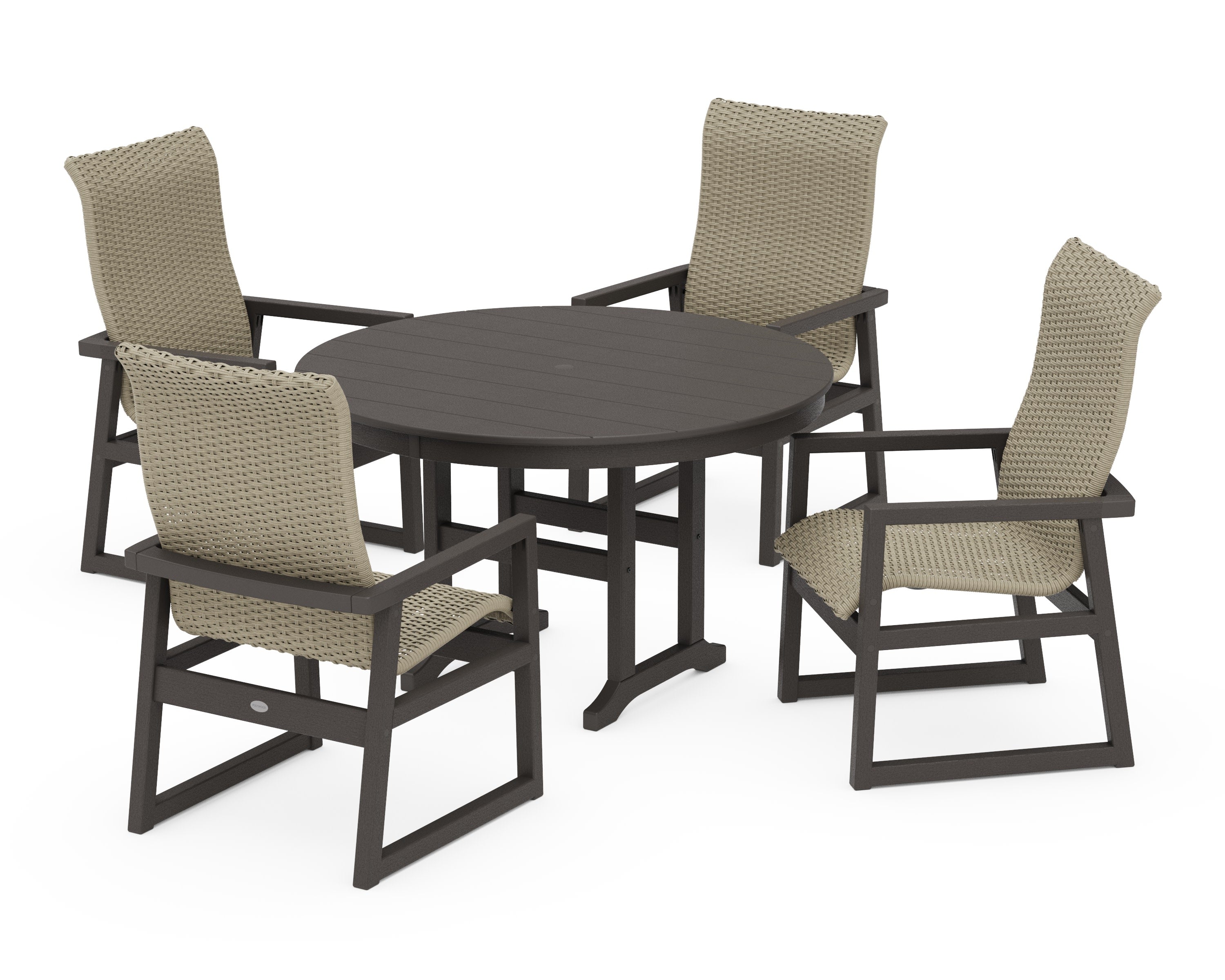 EDGE Woven Highback 5-Piece Round Farmhouse Dining Set in Vintage Coffee / Dune Grass