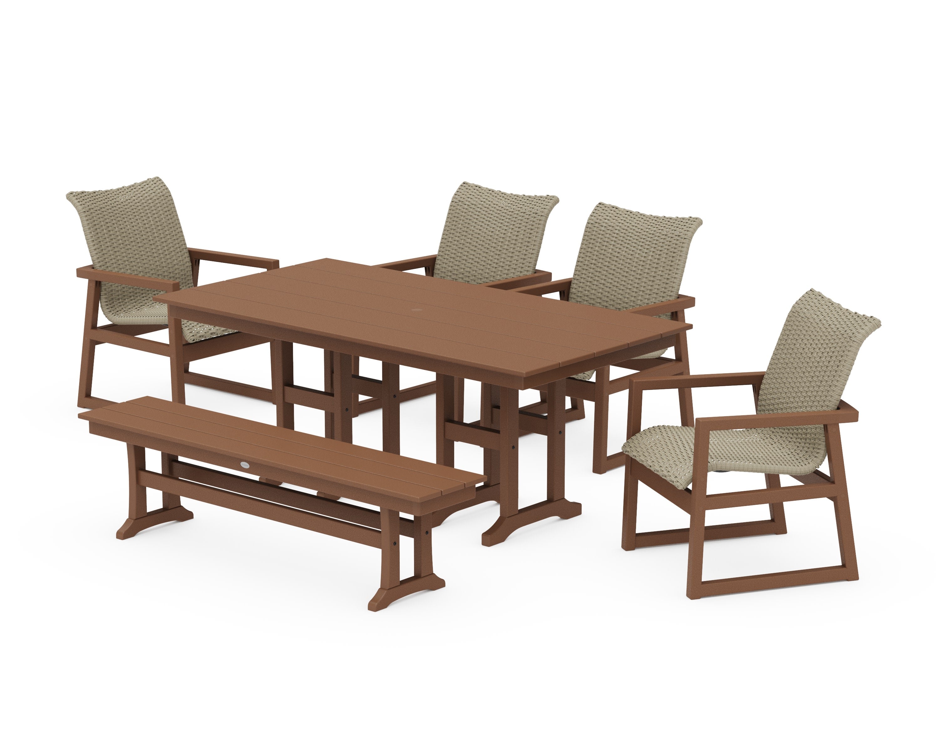 EDGE Woven 6-Piece Farmhouse Dining Set with Bench in Teak / Dune Grass