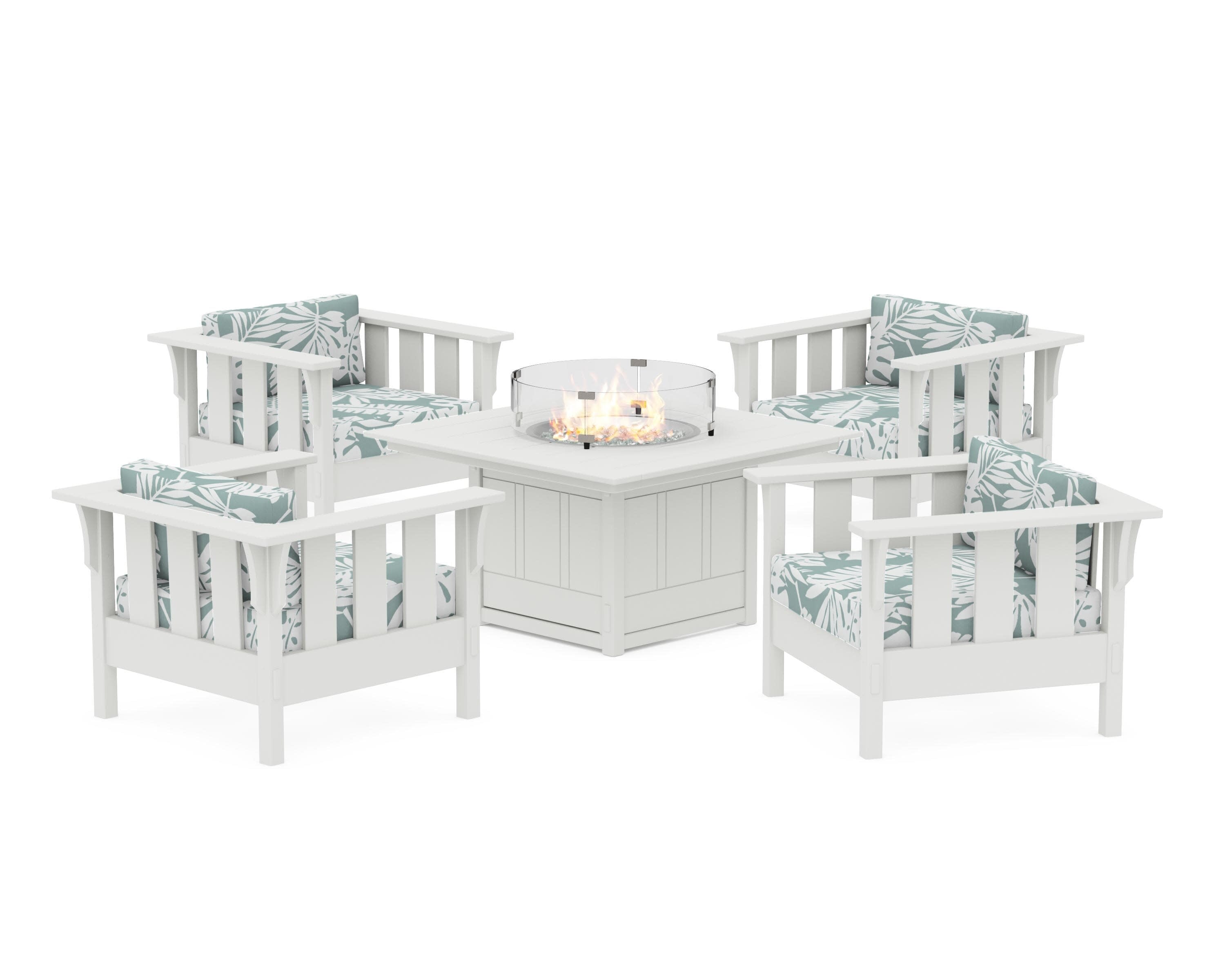 Acadia 5-Piece Deep Seating Set with Fire Pit Table in White / Leaf Glacier Spa