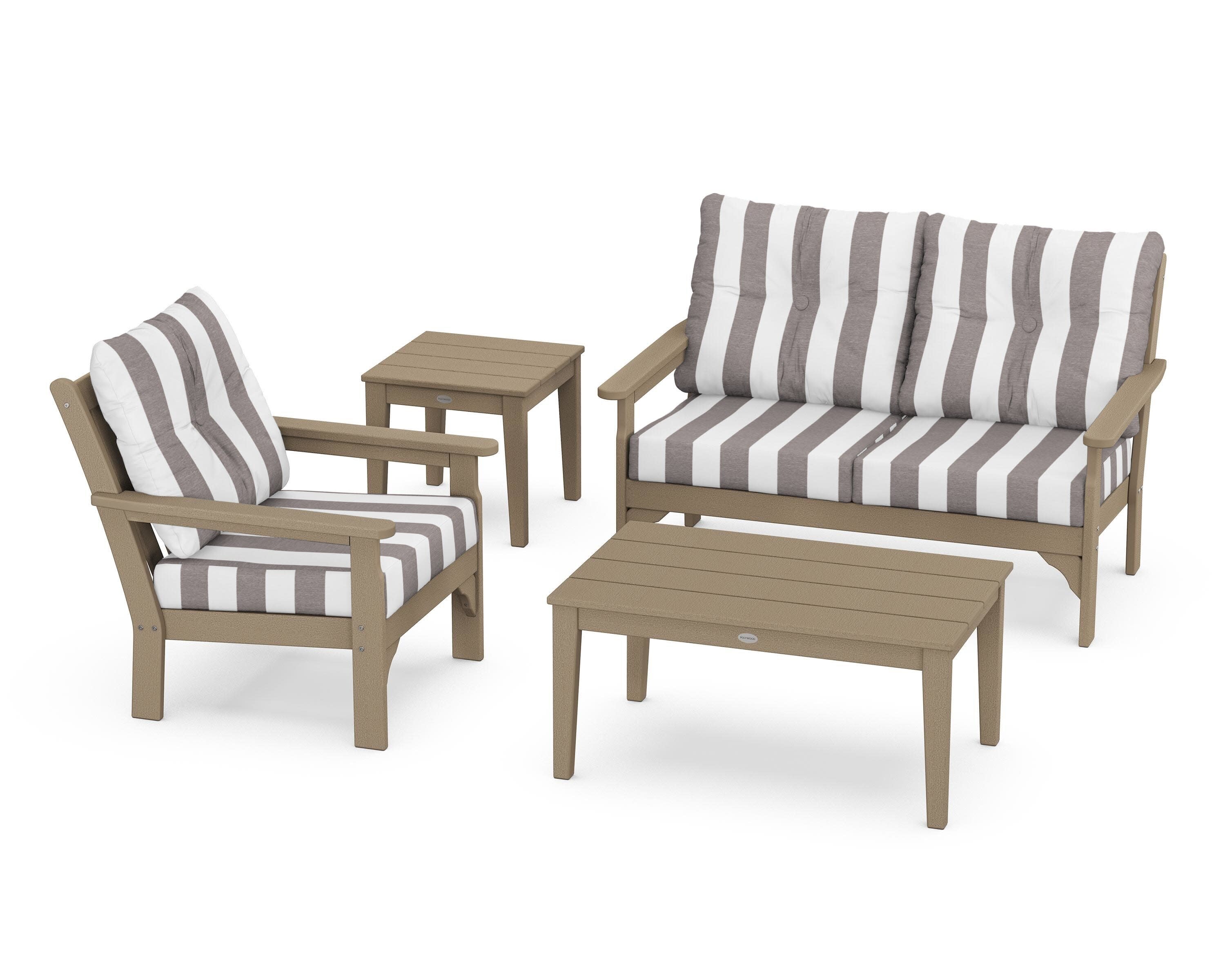 Vineyard 4-Piece Deep Seating Set in Vintage Sahara / Cabana Stripe Grey Mist
