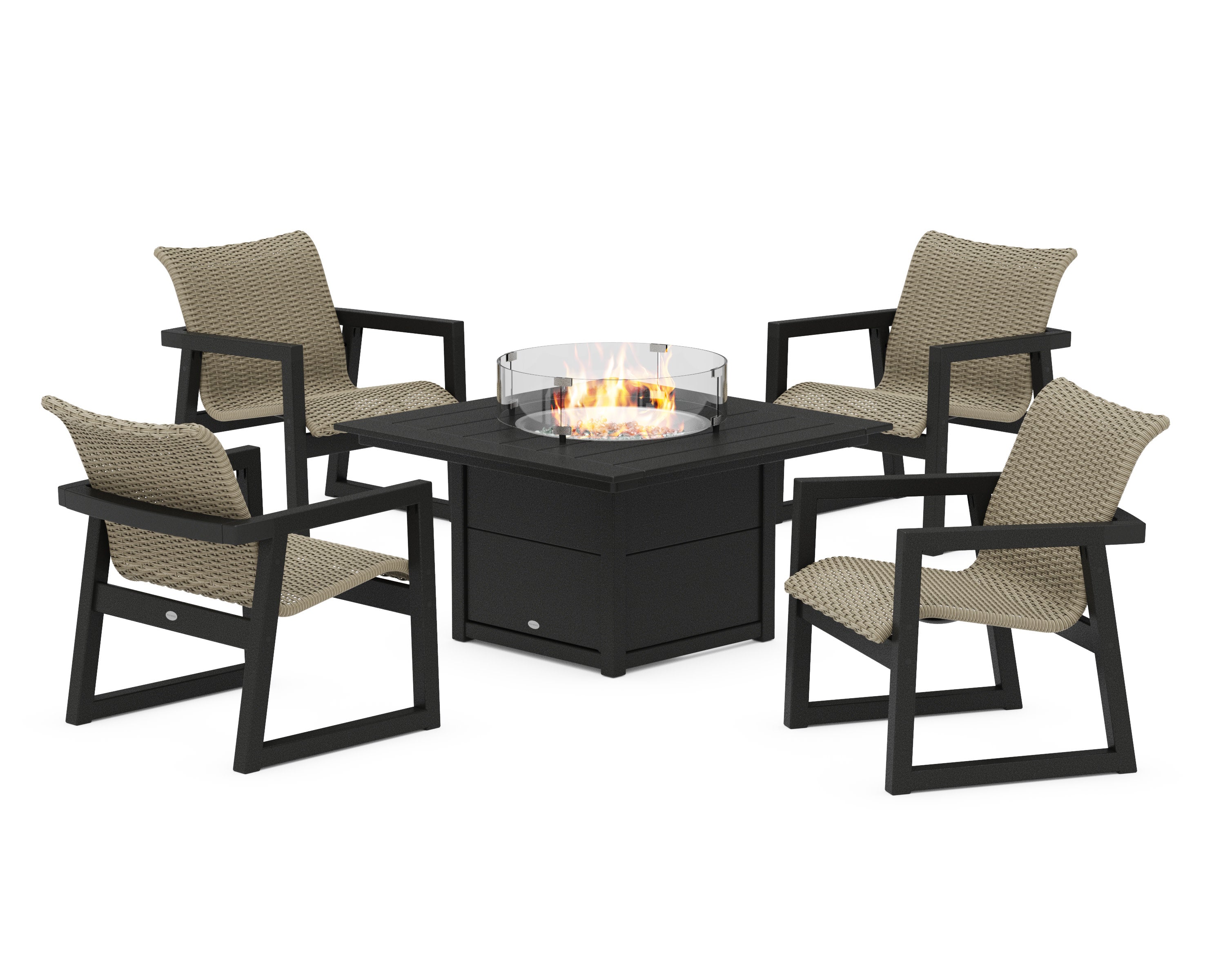 EDGE Woven 5-Piece Lounge Chair Seating Set with Fire Pit Table in Black / Dune Grass