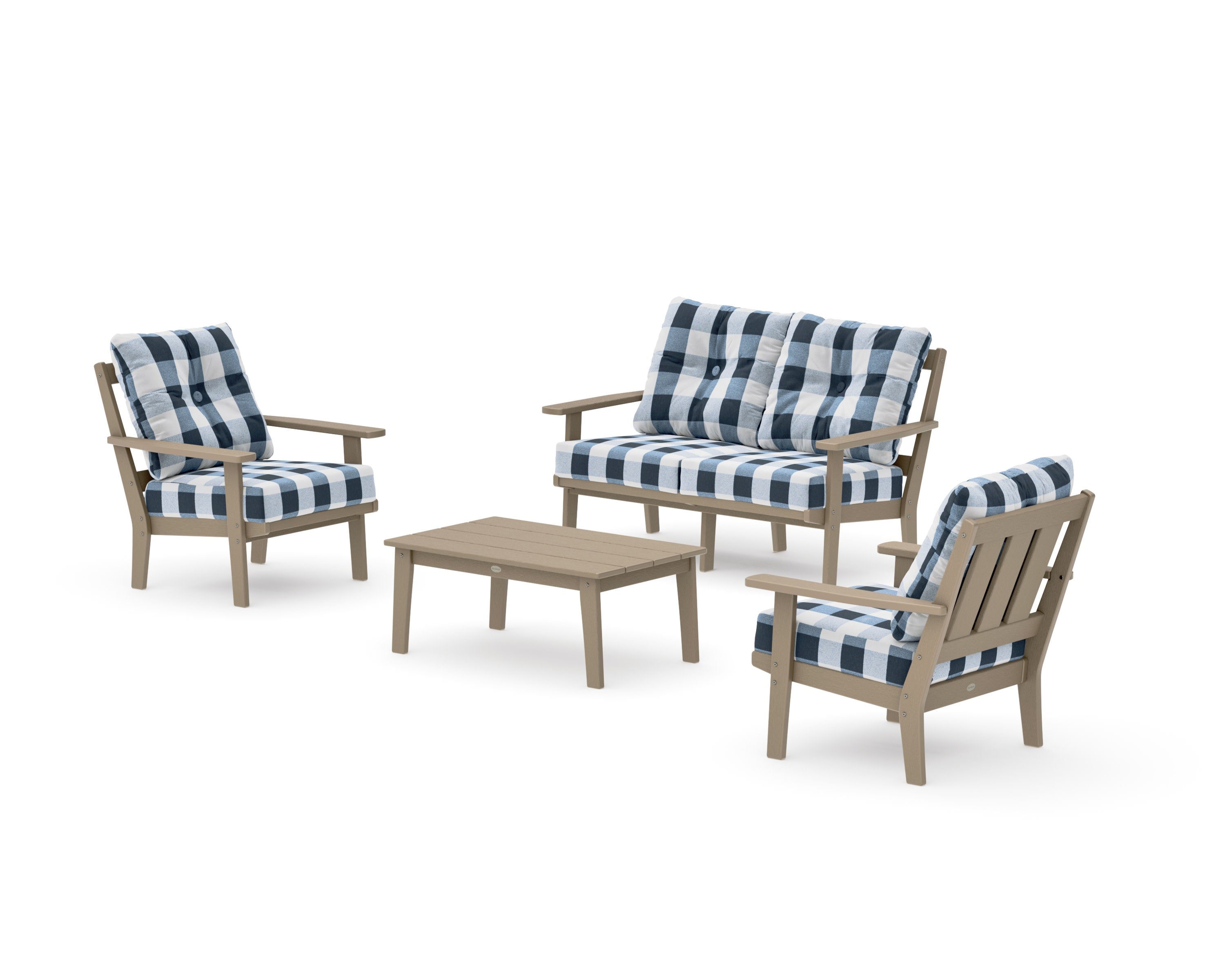 Oxford 4-Piece Deep Seating Set with Loveseat in Vintage Sahara / Buffalo Plaid Marine Indigo