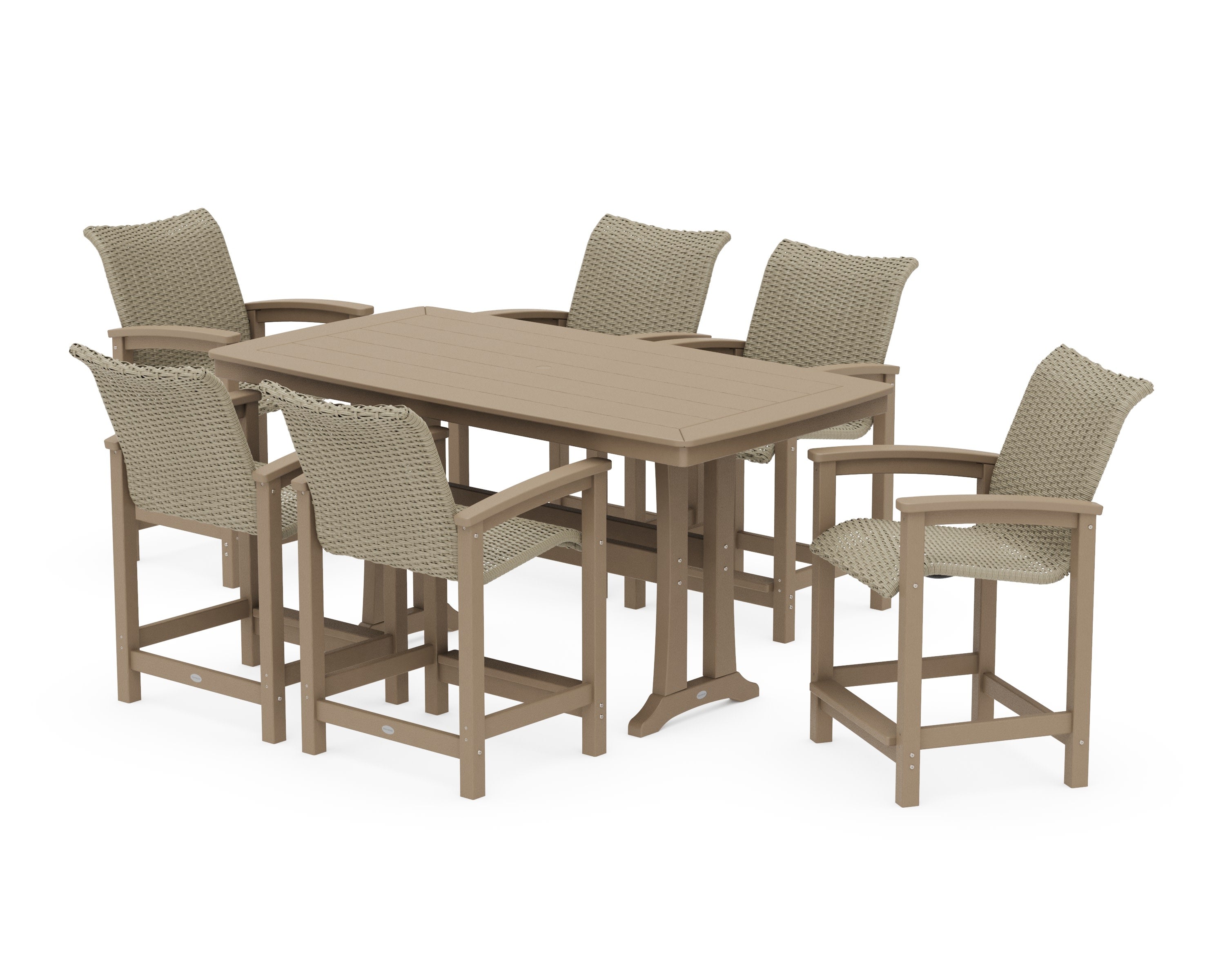 Coastal Woven Arm Chair 7-Piece Counter Set with Trestle Legs in Vintage Sahara / Dune Grass