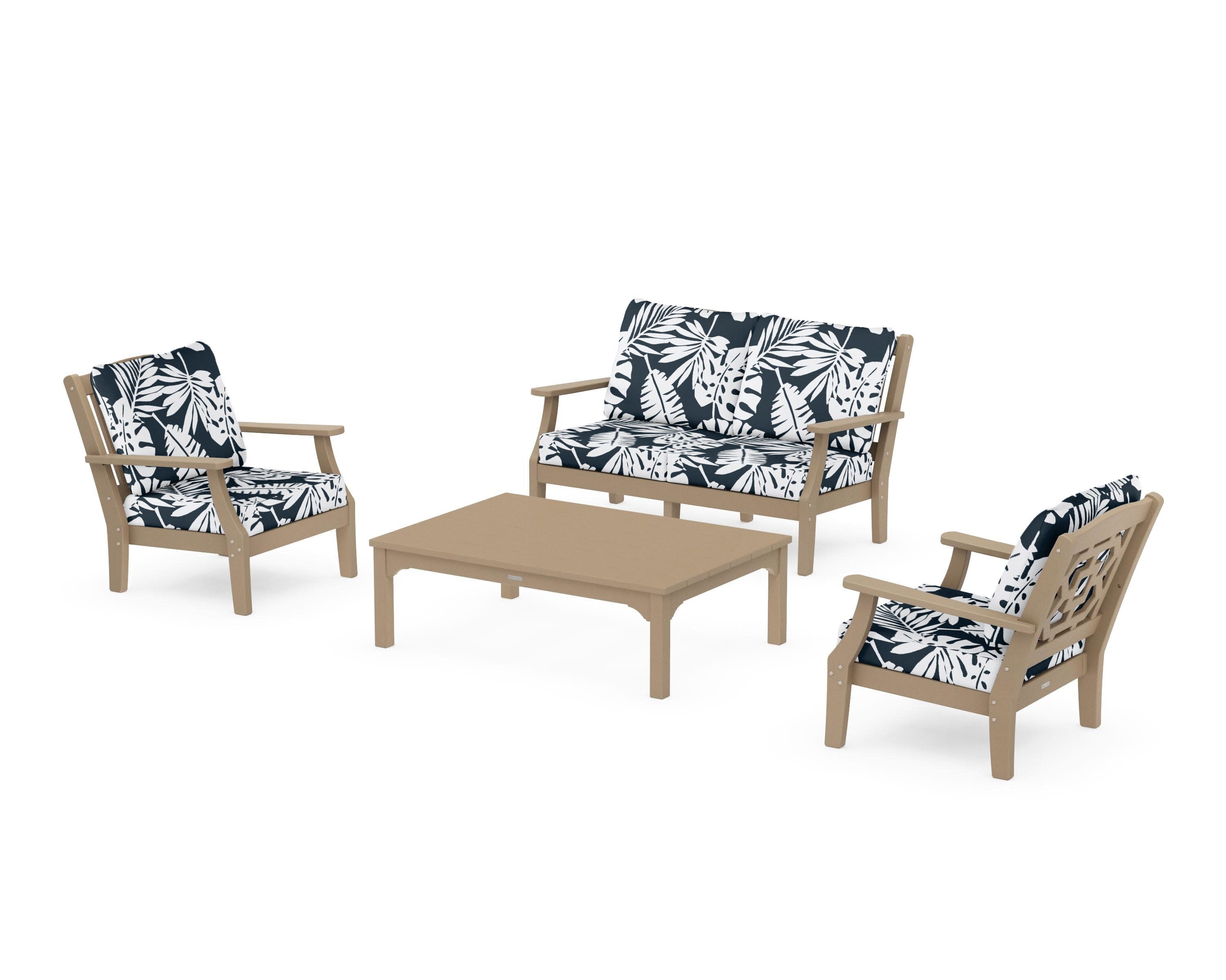 Chinoiserie 4-Piece Deep Seating Set with Loveseat in Vintage Sahara / Leaf Marine Indigo