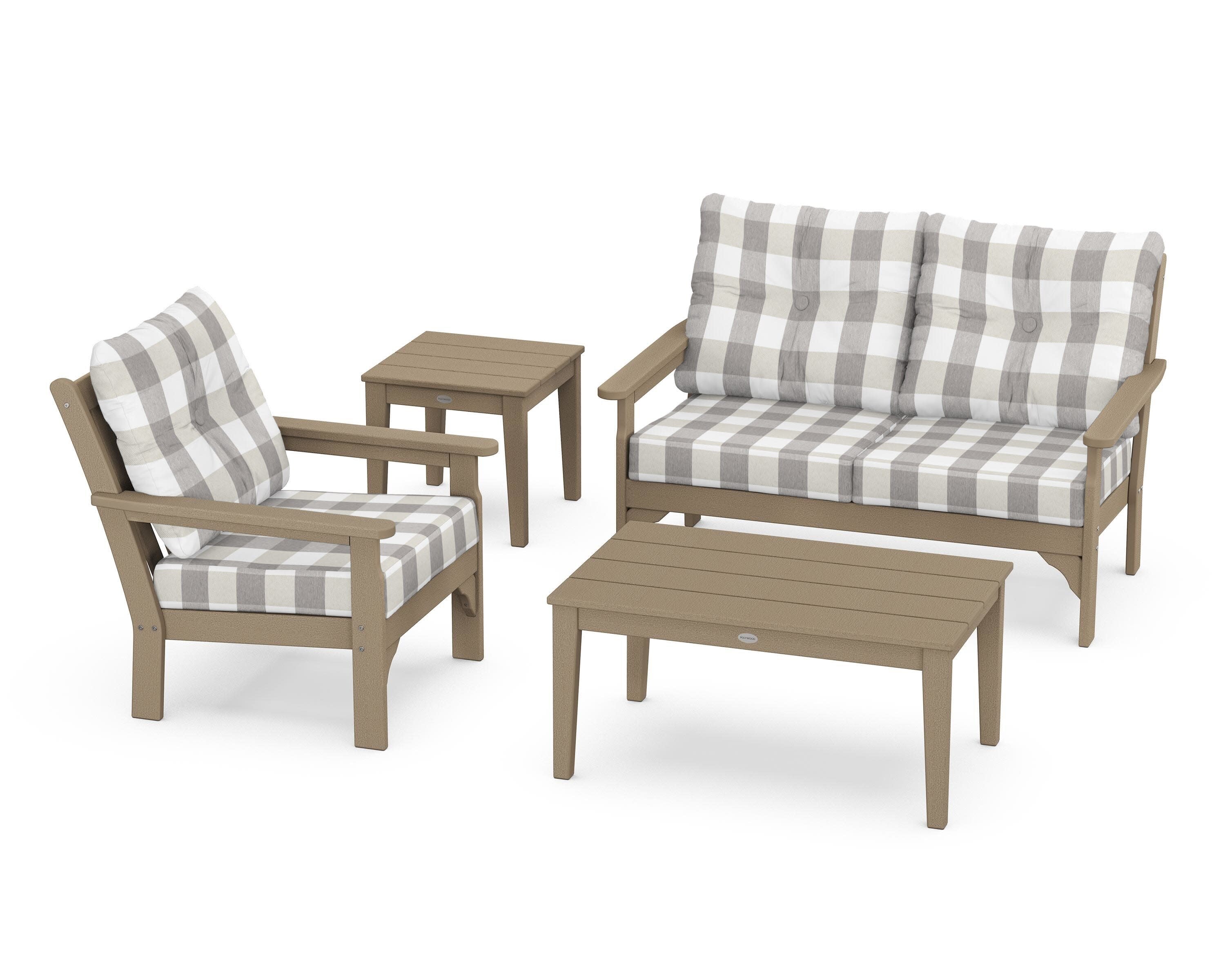 Vineyard 4-Piece Deep Seating Set in Vintage Sahara / Buffalo Plaid Grey Mist