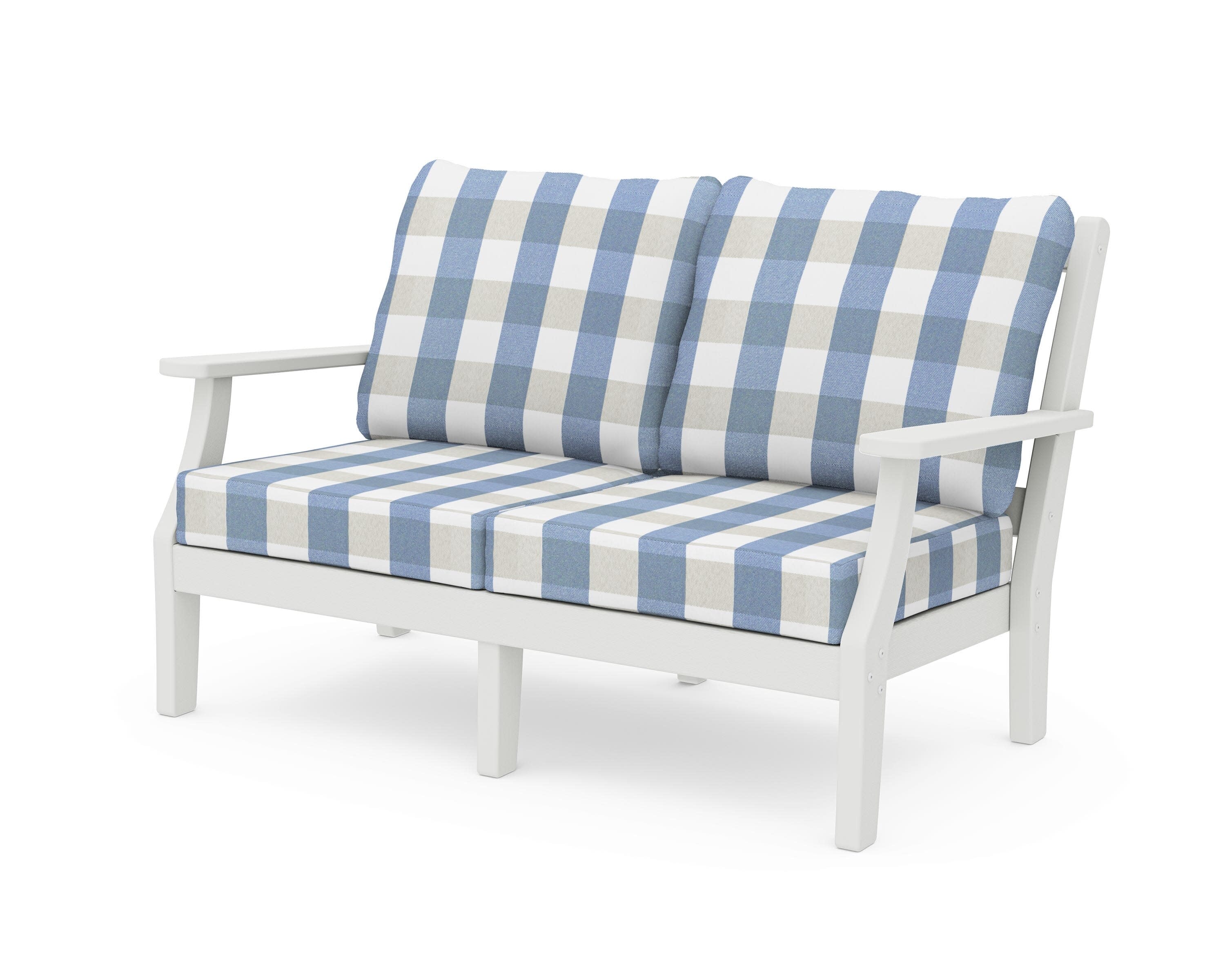 Chinoiserie Deep Seating Loveseat in Vintage White / Buffalo Plaid Sky Blue