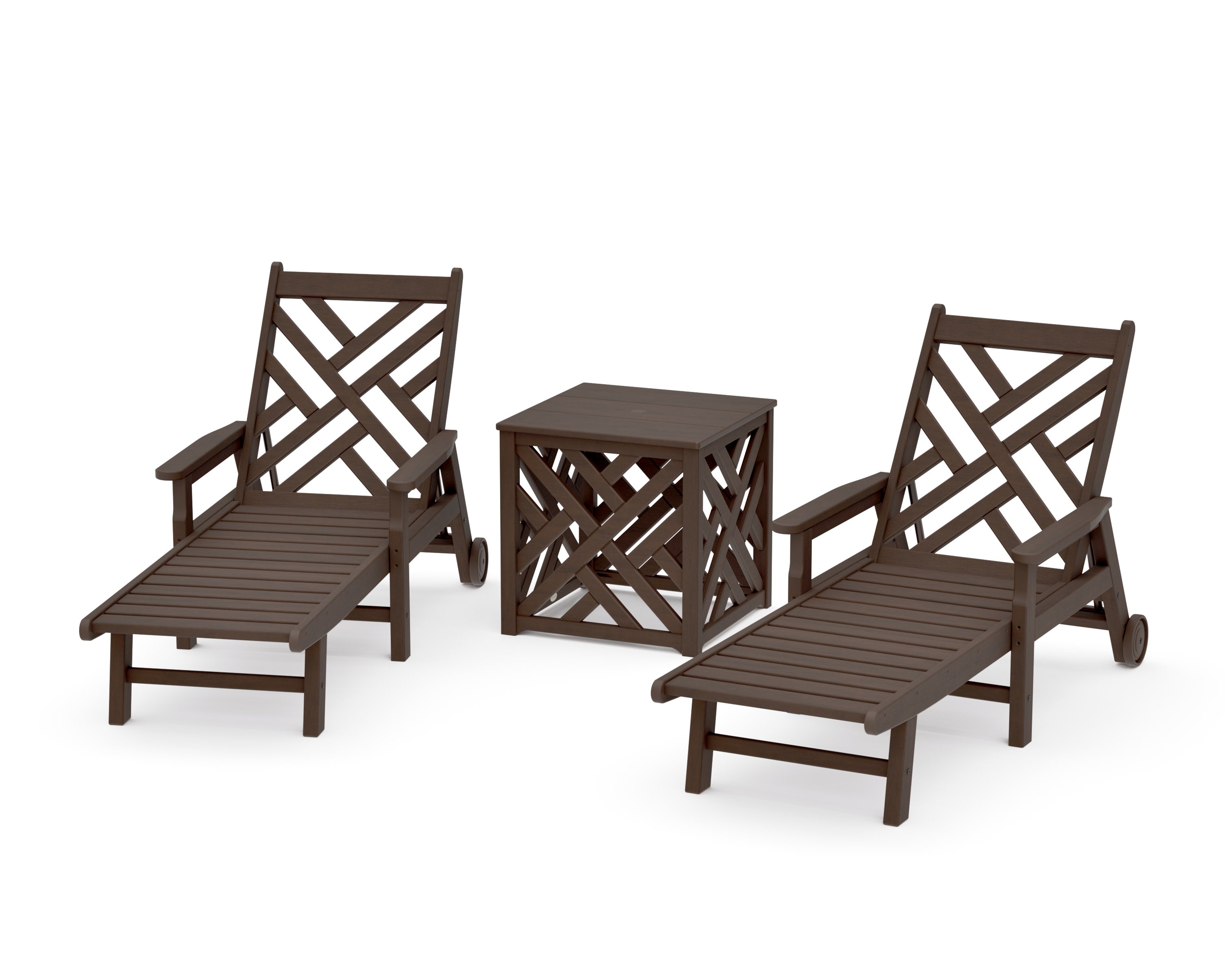 Chippendale 3-Piece Chaise Set with Umbrella Stand Accent Table in Kona