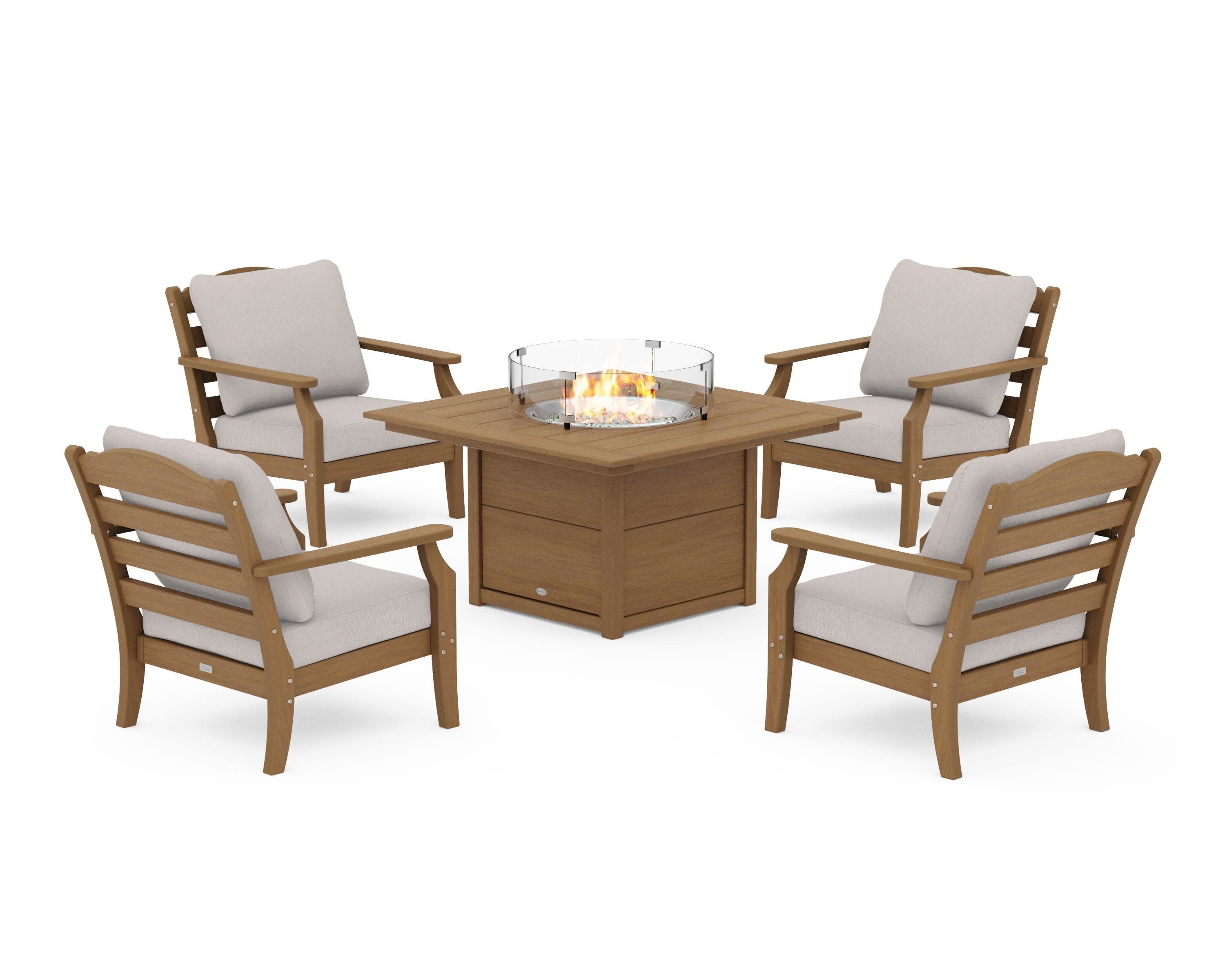 Savannah 5-Piece Deep Seating Set with Fire Pit Table in Natural / Dune Burlap