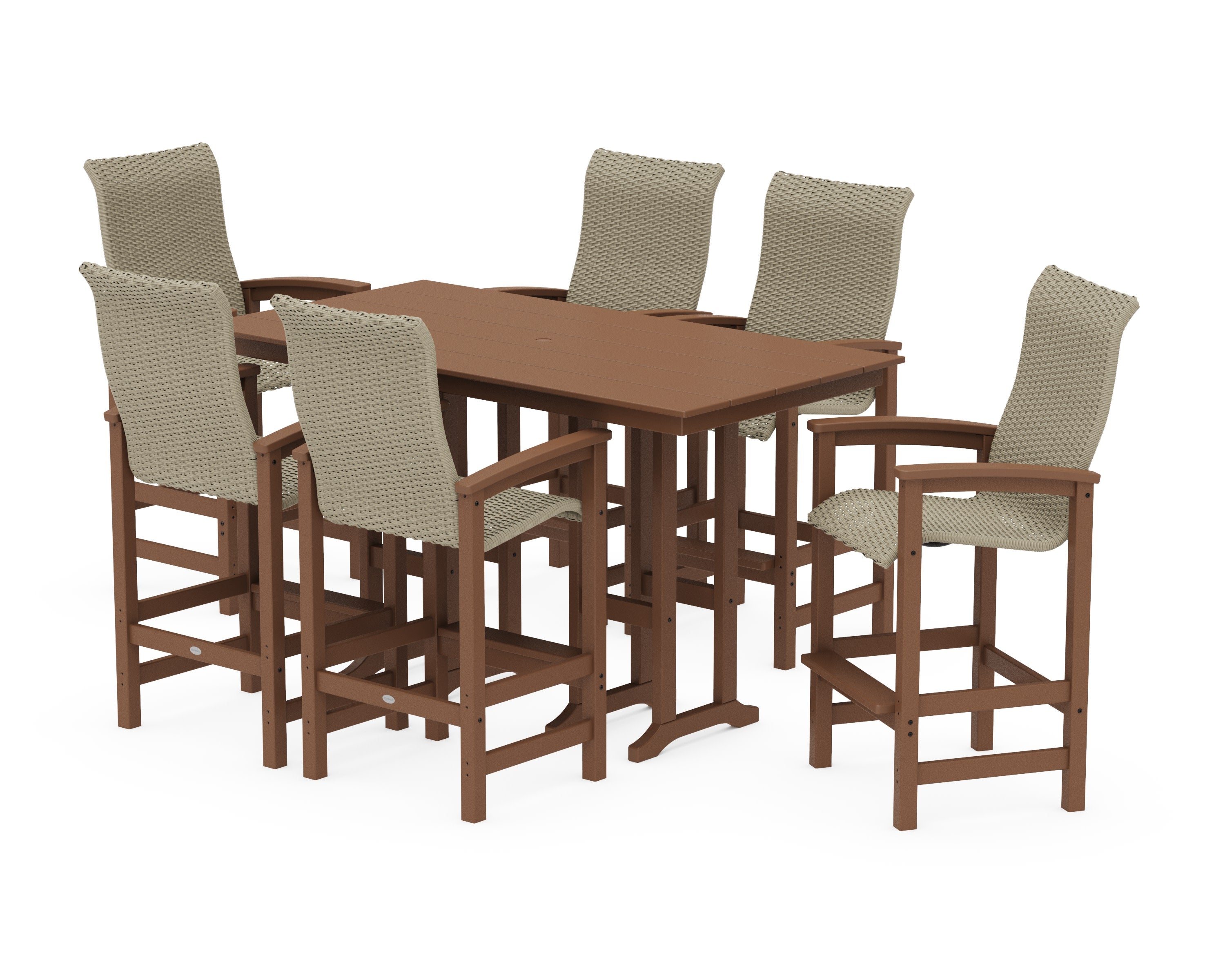 Coastal Woven High-Back Arm Chair 7-Piece Farmhouse Bar Set in Teak / Dune Grass