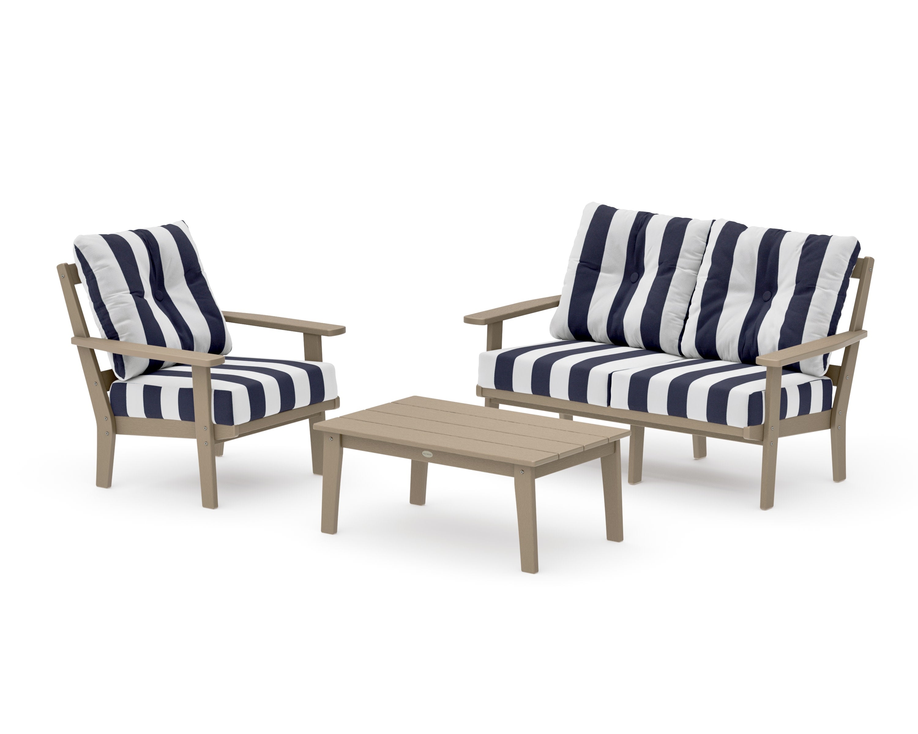 Oxford 3-Piece Deep Seating Set with Loveseat in Vintage Sahara / Cabana Stripe Navy