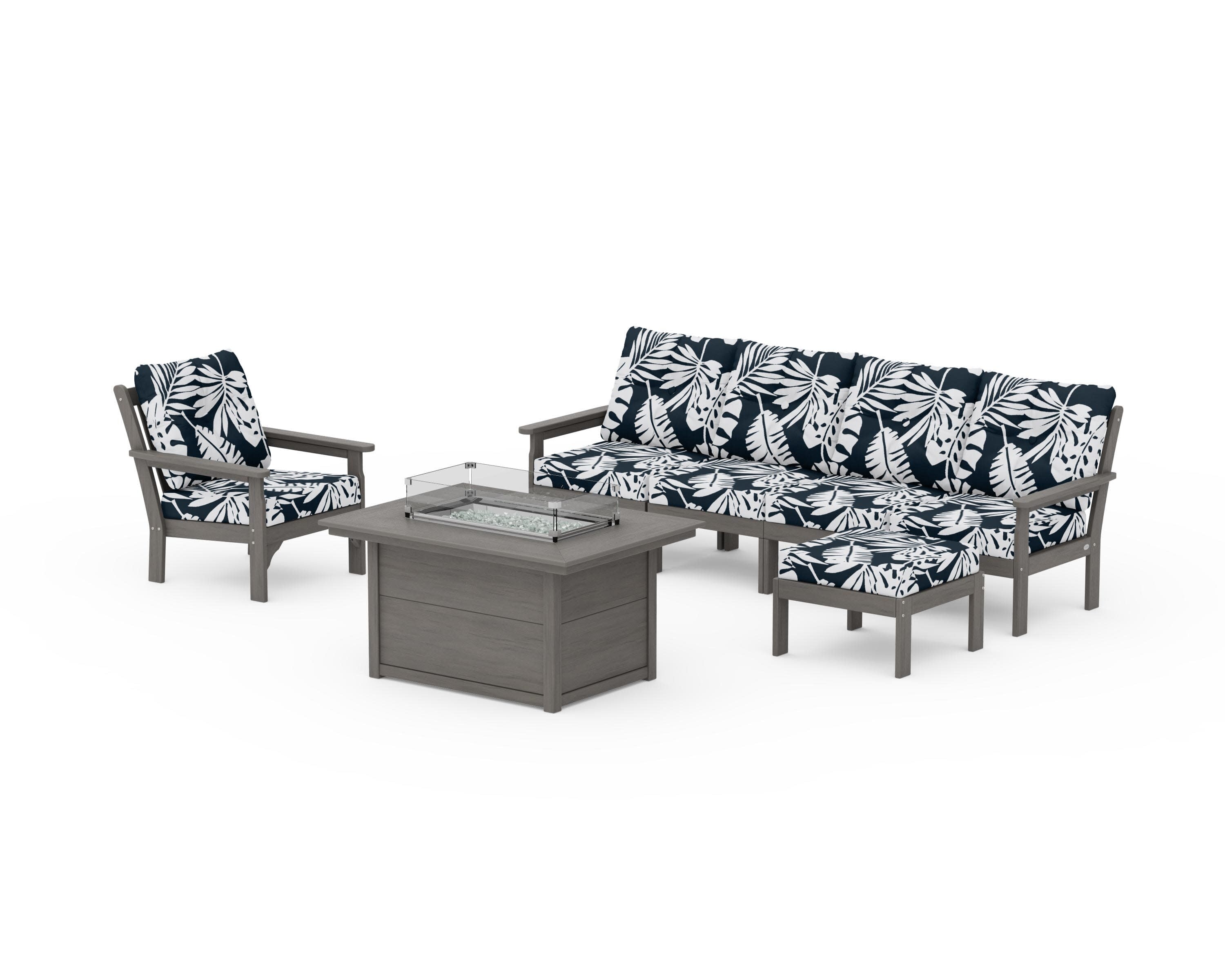 Vineyard Sectional Lounge and Fire Pit Set in Driftwood / Leaf Marine Indigo