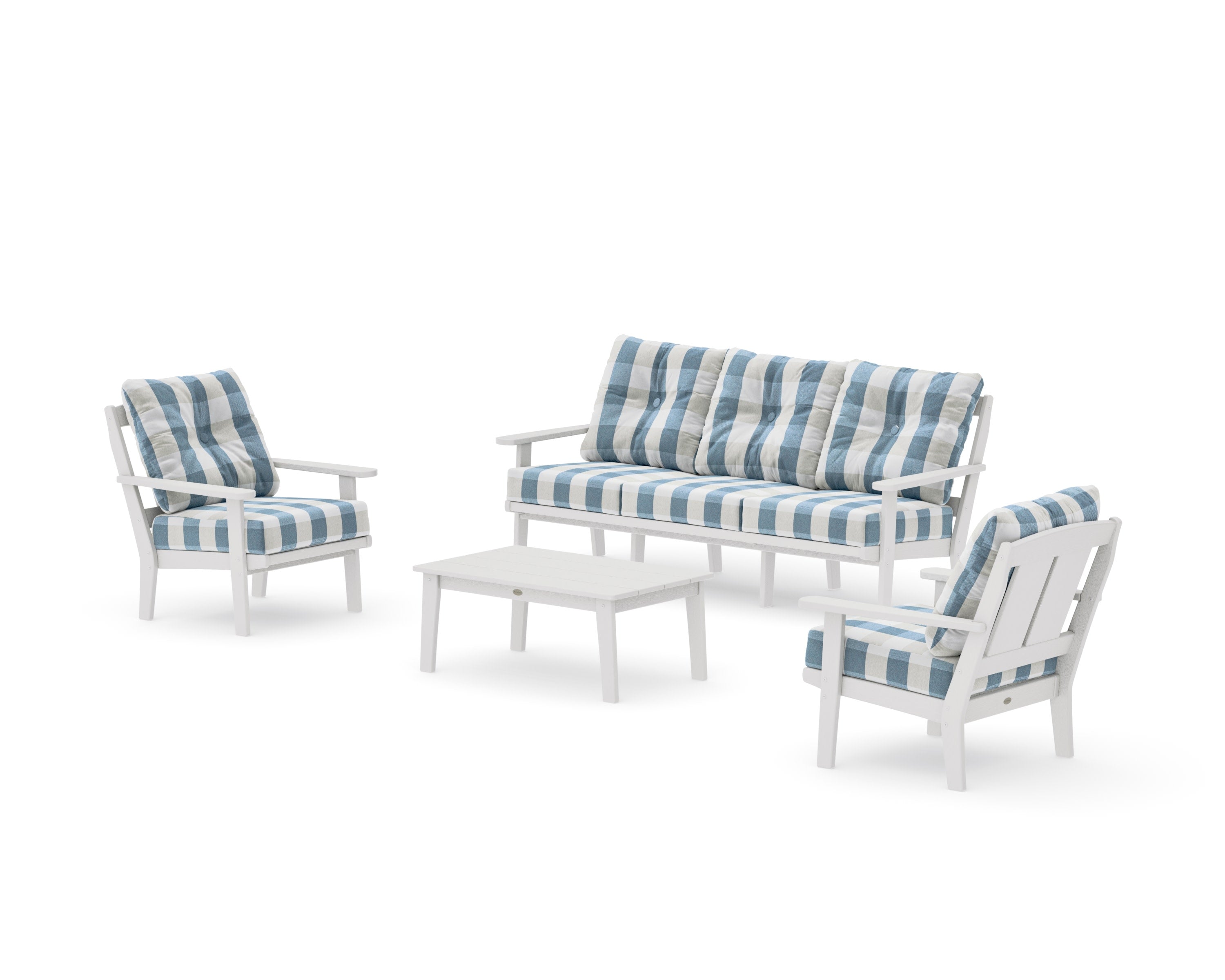 Mission 4-Piece Deep Seating Set with Sofa in Vintage White / Buffalo Plaid Sky Blue