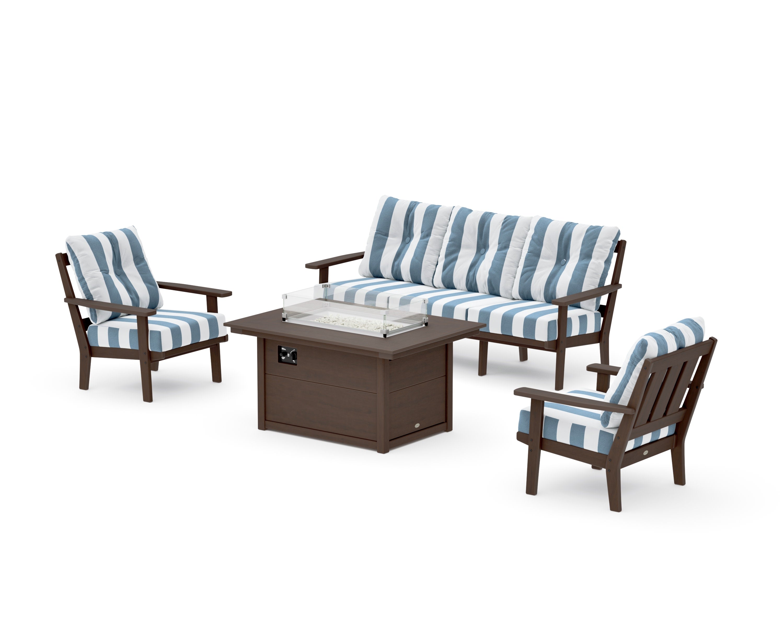 Oxford Deep Seating Fire Pit Table Set in Kona / Cabana Stripe Sky Blue
