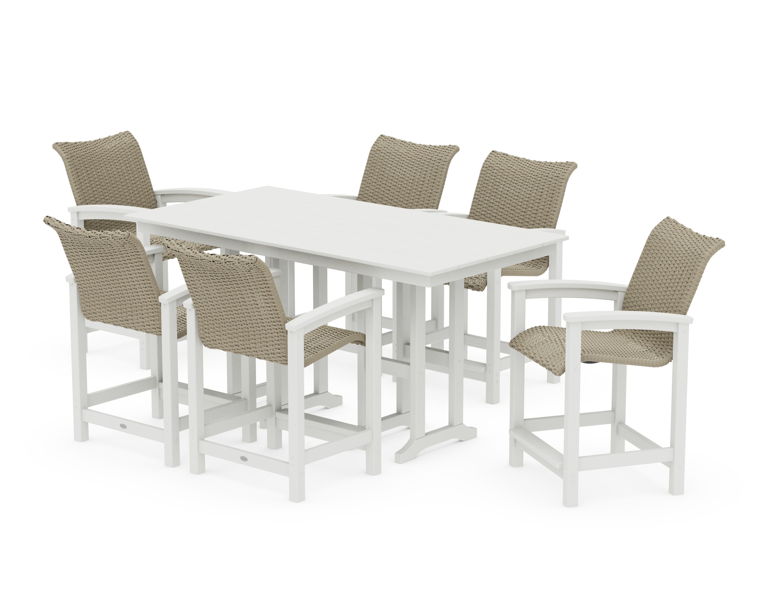 Coastal Woven Arm Chair 7-Piece Farmhouse Counter Set in White / Dune Grass