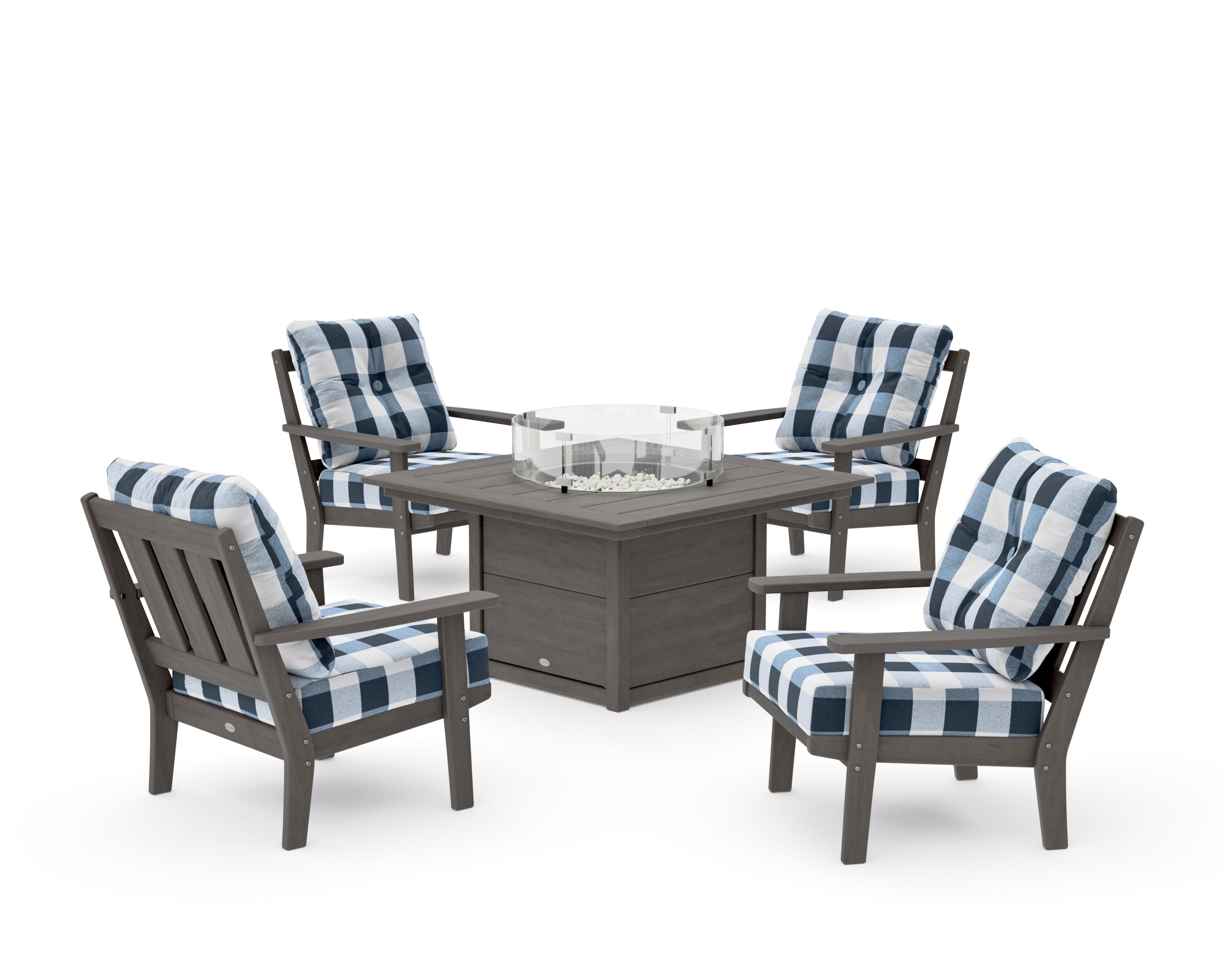 Oxford 5-Piece Deep Seating Set with Fire Pit Table in Driftwood / Buffalo Plaid Marine Indigo