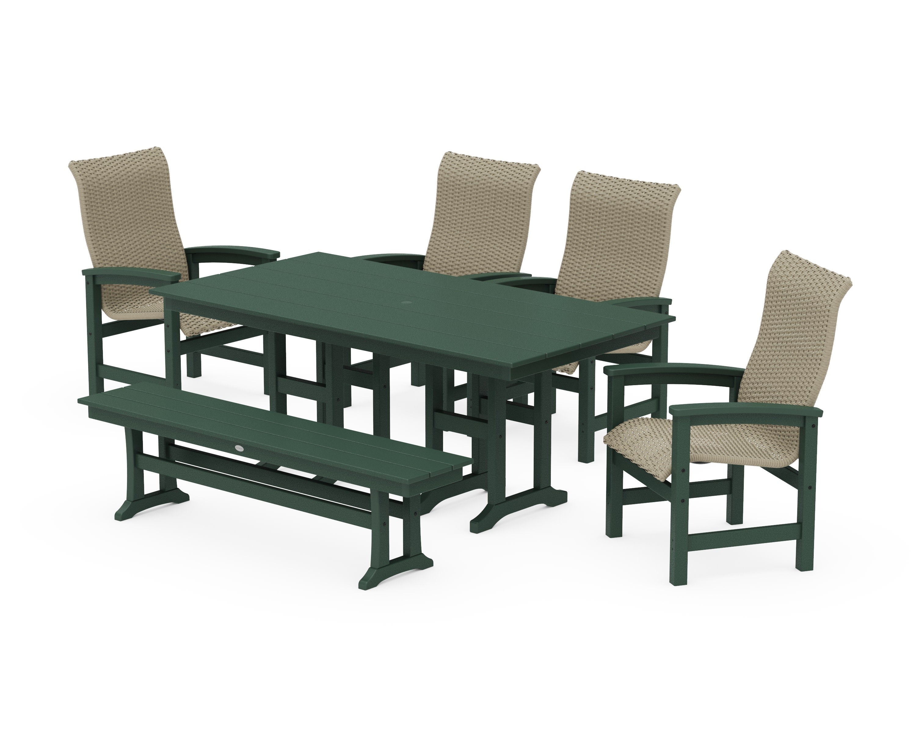 Coastal Woven High-Back 6-Piece Farmhouse Dining Set with Bench in Green / Dune Grass