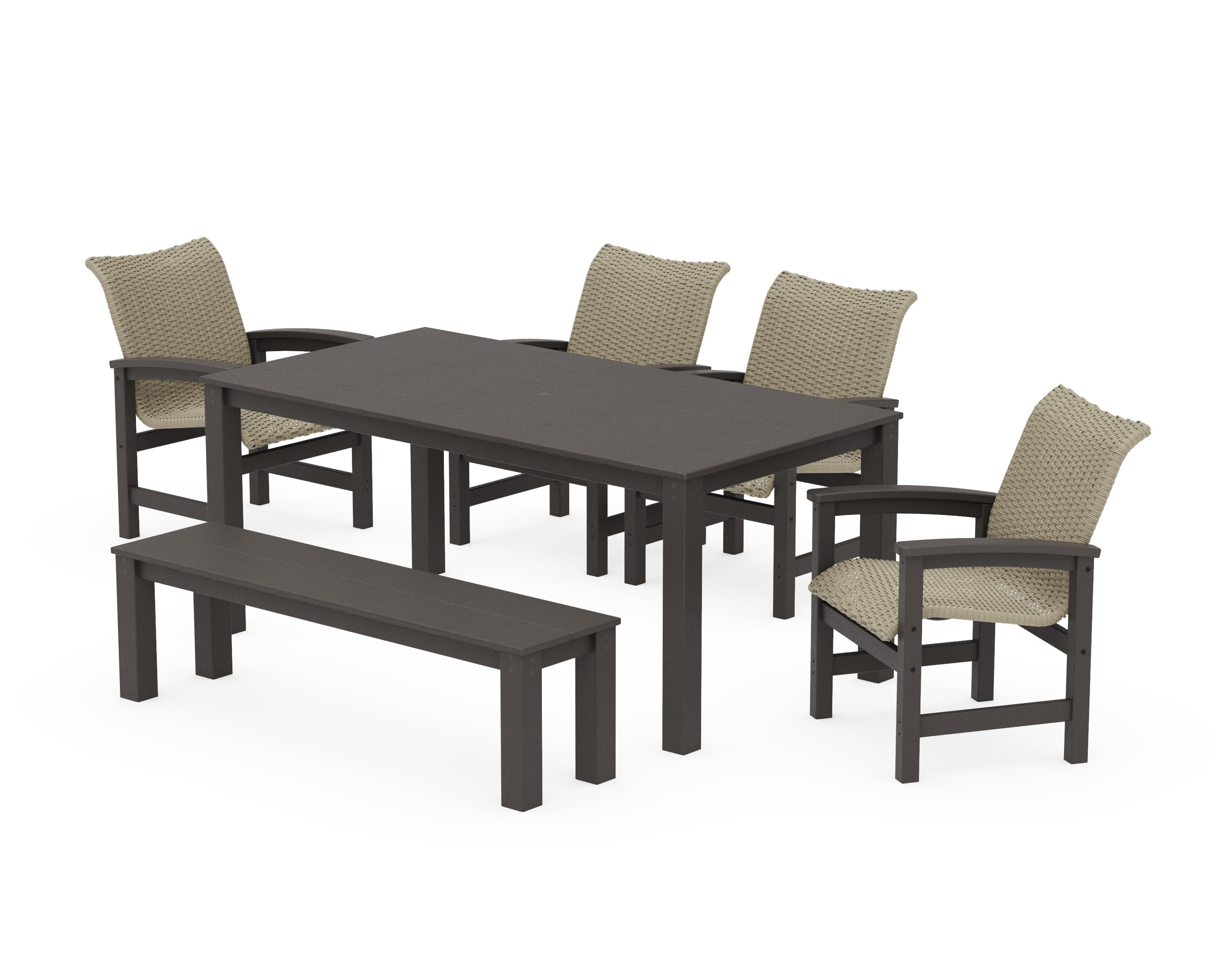 Coastal Woven 6-Piece Parsons Dining Set with Bench in Vintage Coffee / Dune Grass