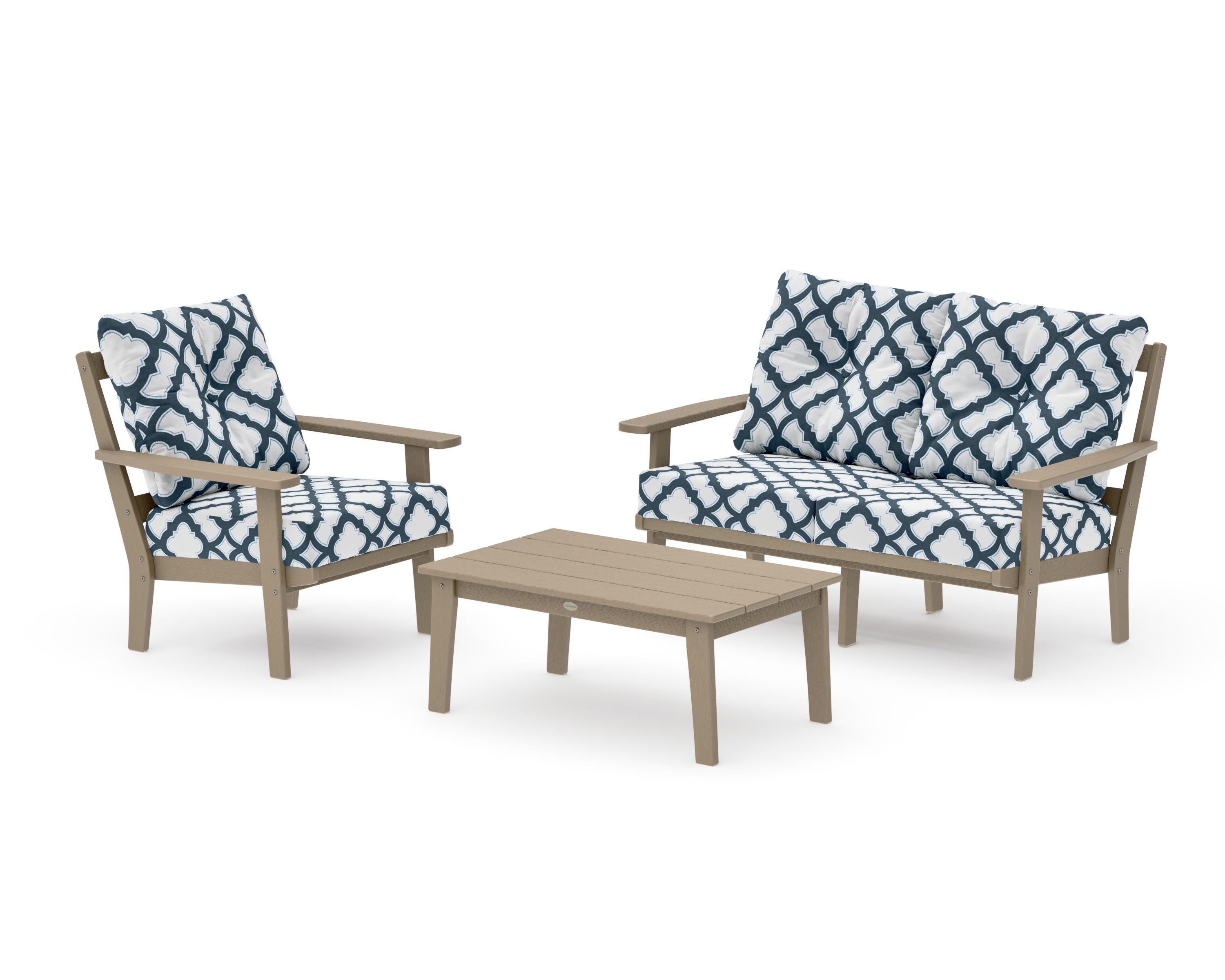 Oxford 3-Piece Deep Seating Set with Loveseat in Vintage Sahara / Trellis Marine Indigo