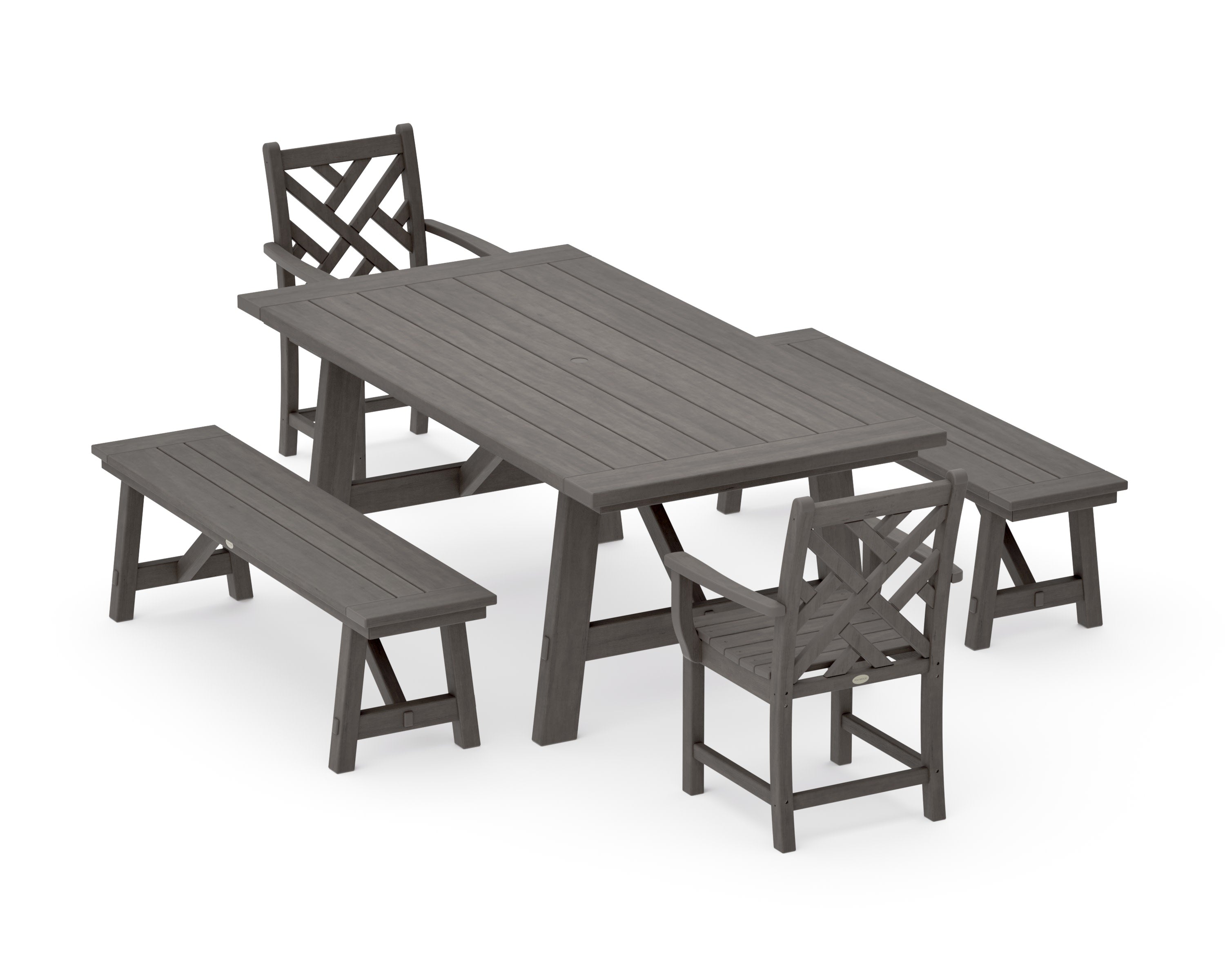 Chippendale 5-Piece Rustic Farmhouse Dining Set With Benches in Driftwood