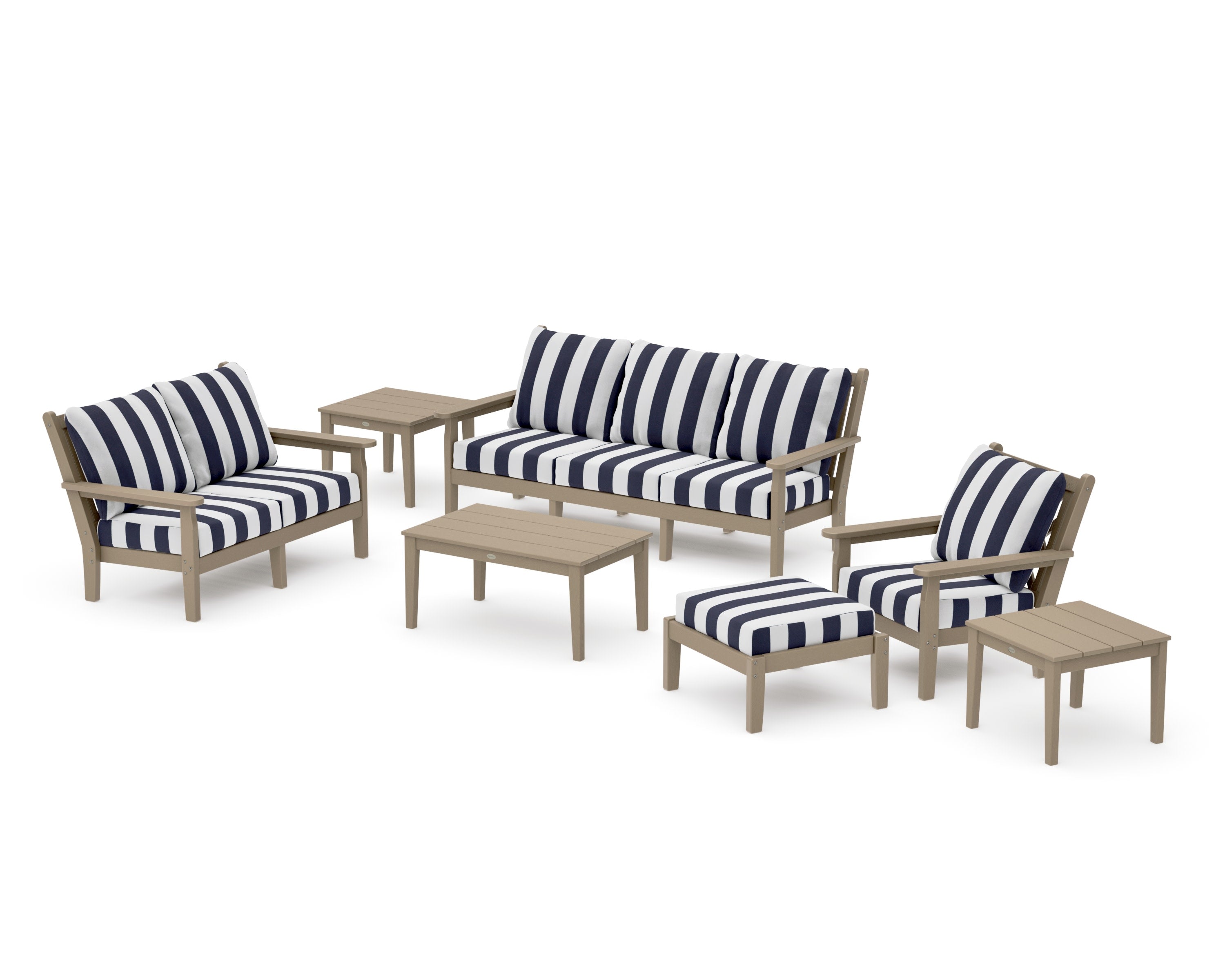 Chippendale 7-Piece Deep Seating Set in Vintage Sahara / Cabana Stripe Navy