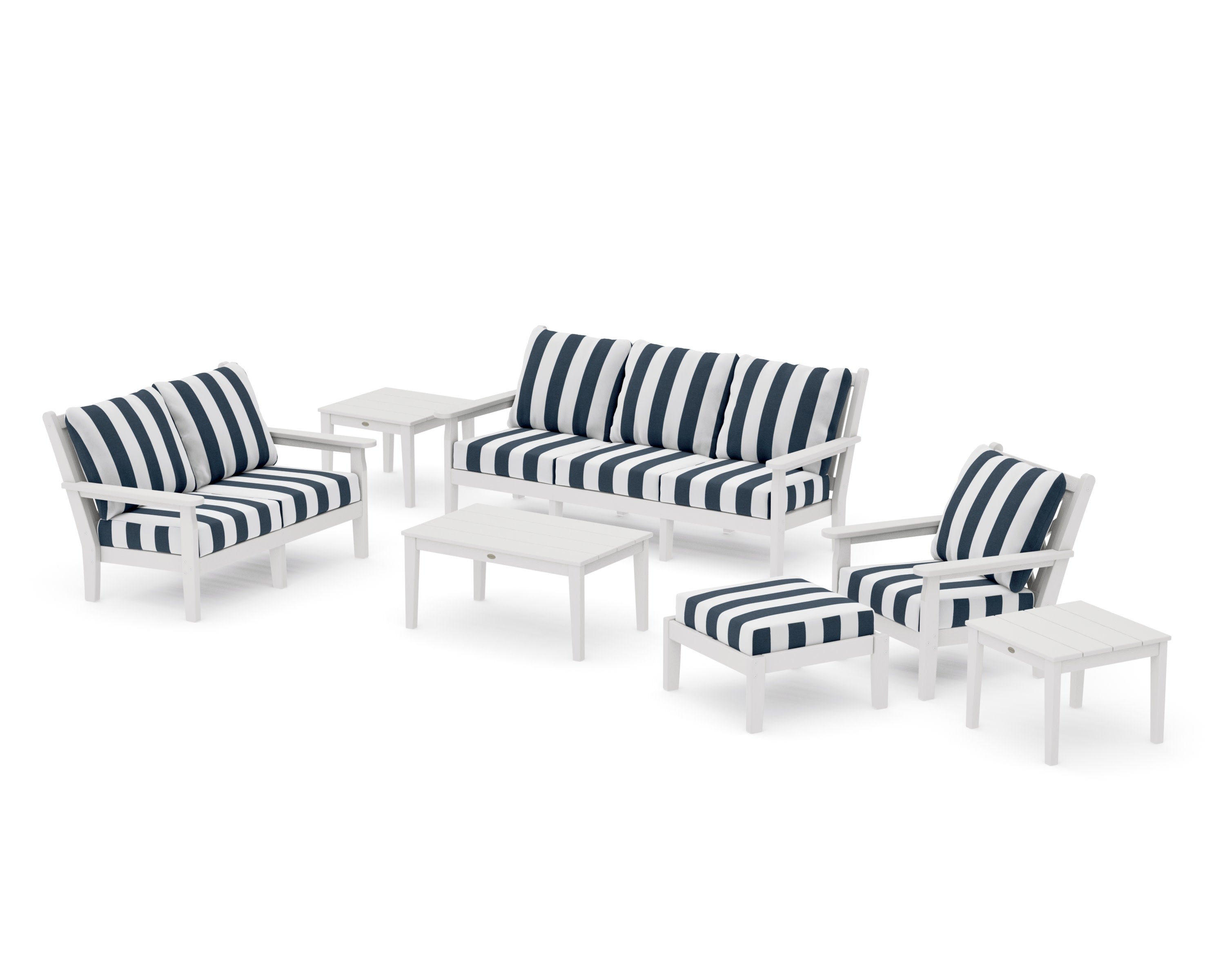Chippendale 7-Piece Deep Seating Set in Vintage White / Cabana Stripe Marine Indigo