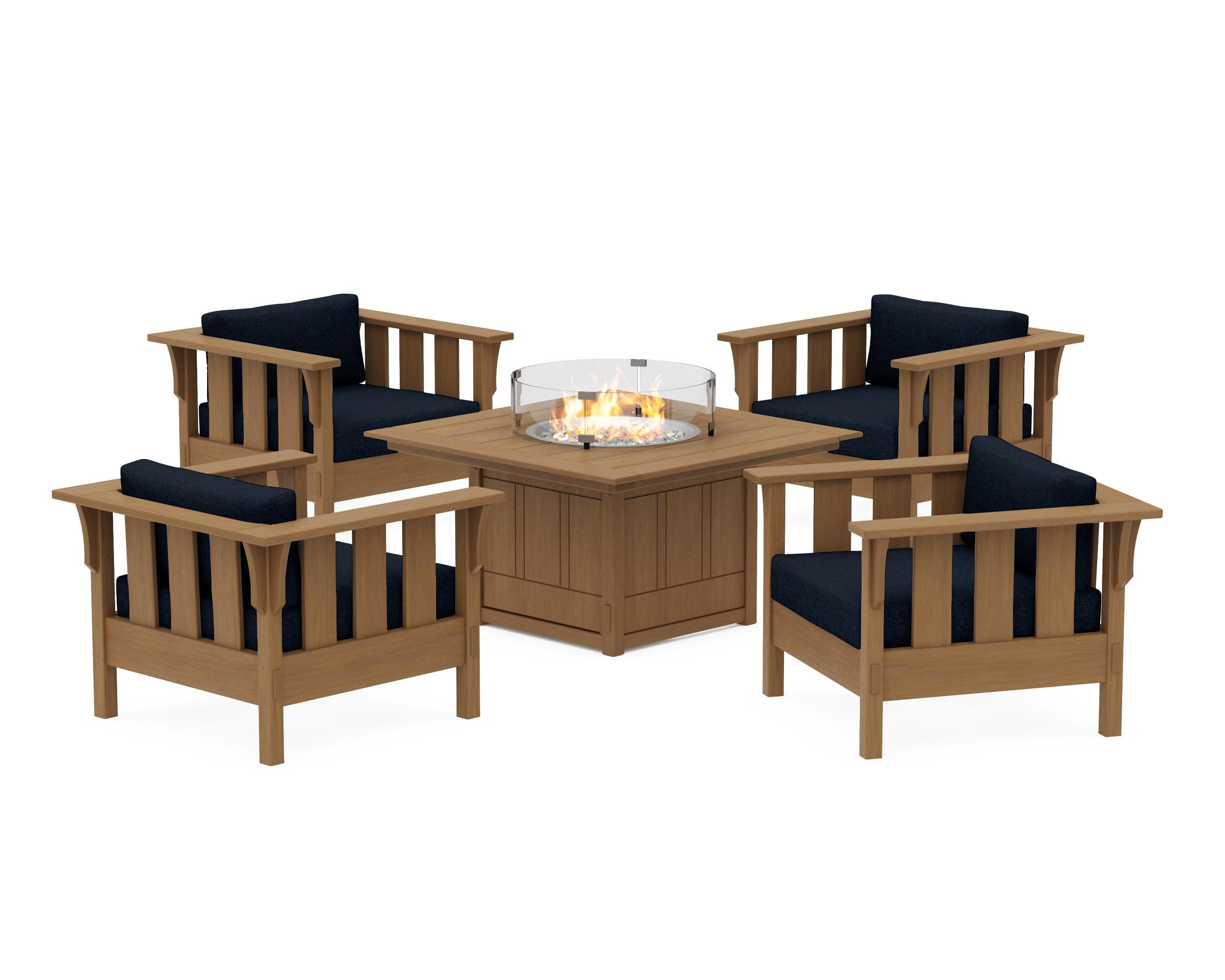 Acadia 5-Piece Deep Seating Set with Fire Pit Table in Natural / Marine Indigo