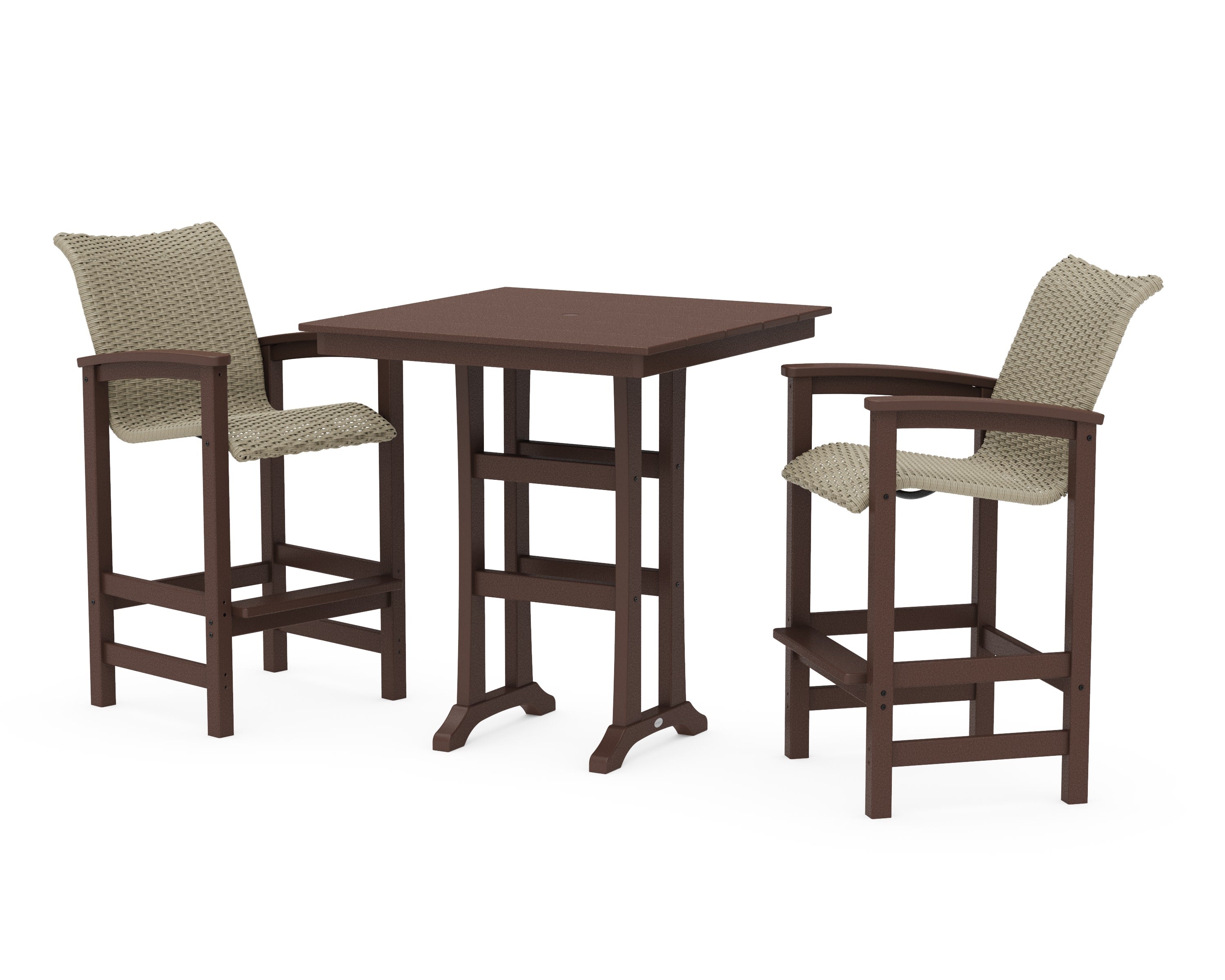 Coastal Woven 3-Piece Farmhouse Bar Set with Trestle Legs in Mahogany / Dune Grass